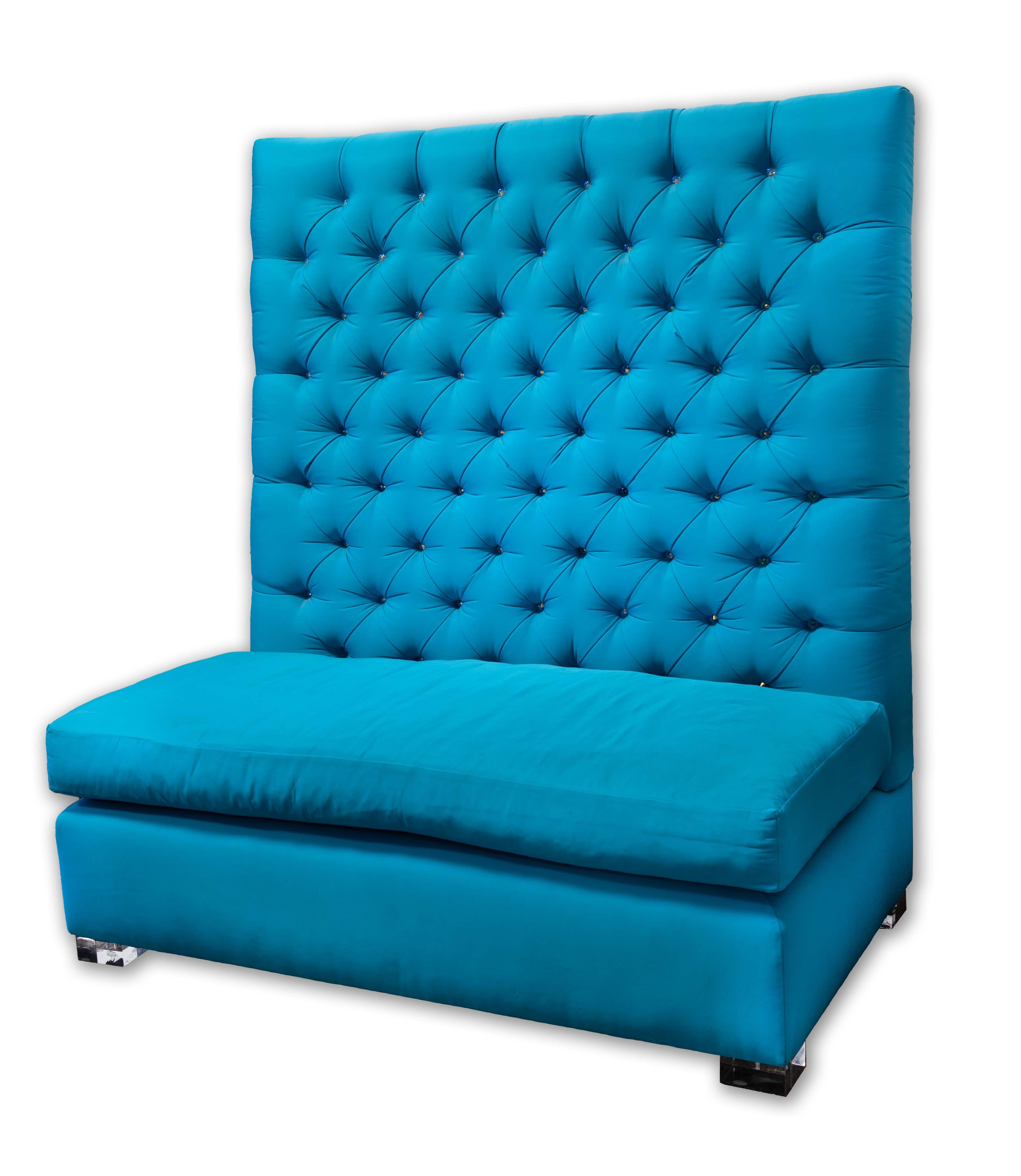 American Custom Made S. Harris Fabric Tufted Banquette High back Loveseat Calypso Pattern For Sale