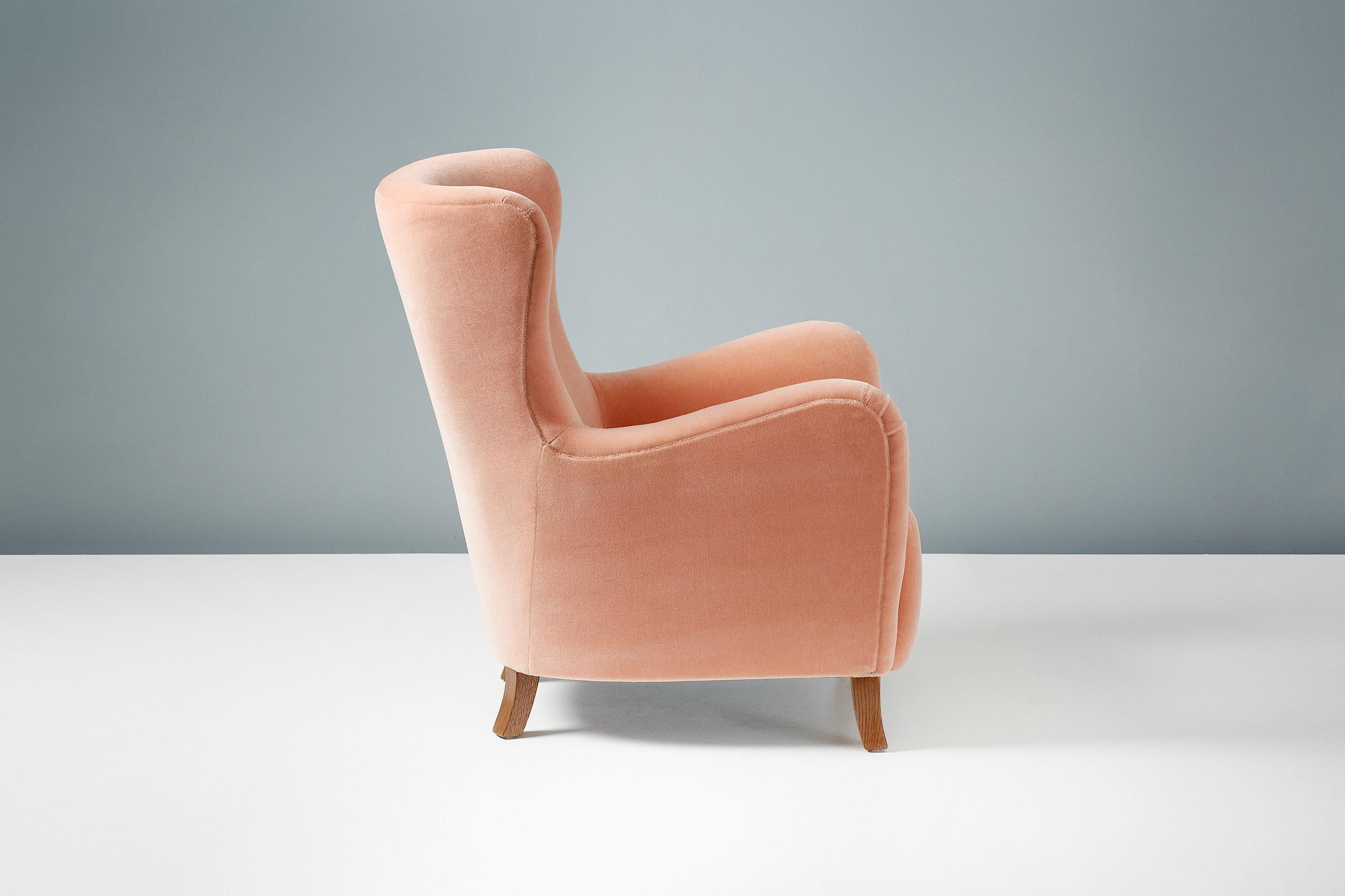British Custom Made Sampo Mohair Velvet Wing Chair For Sale
