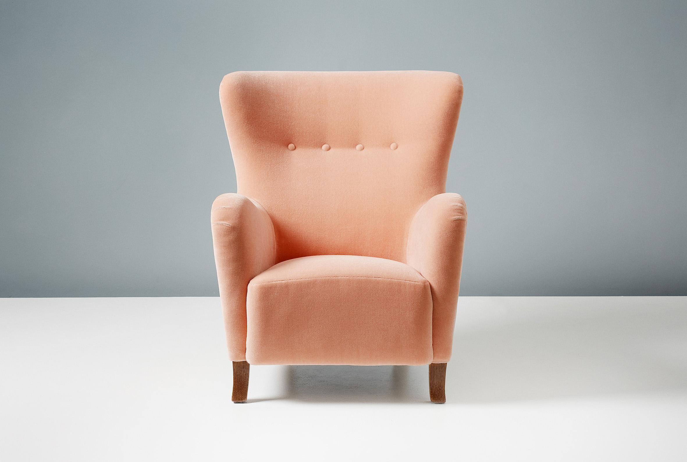 Scandinavian Modern Custom Made Sampo Mohair Velvet Wing Chairs For Sale
