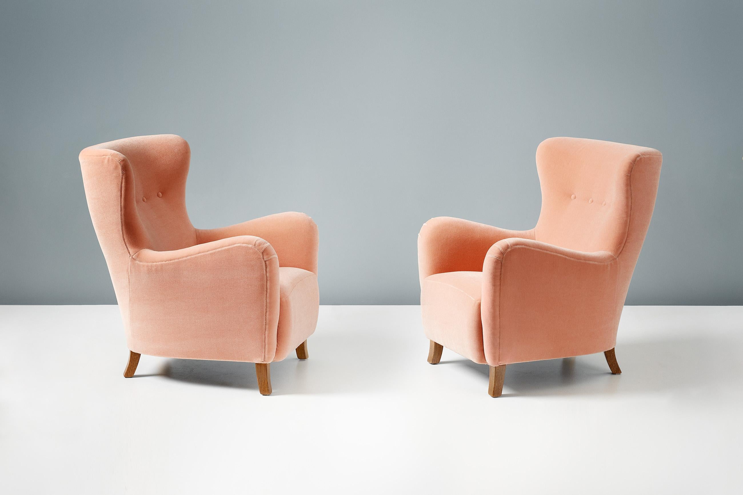 Custom Made Sampo Mohair Velvet Wing Chairs In New Condition For Sale In London, England