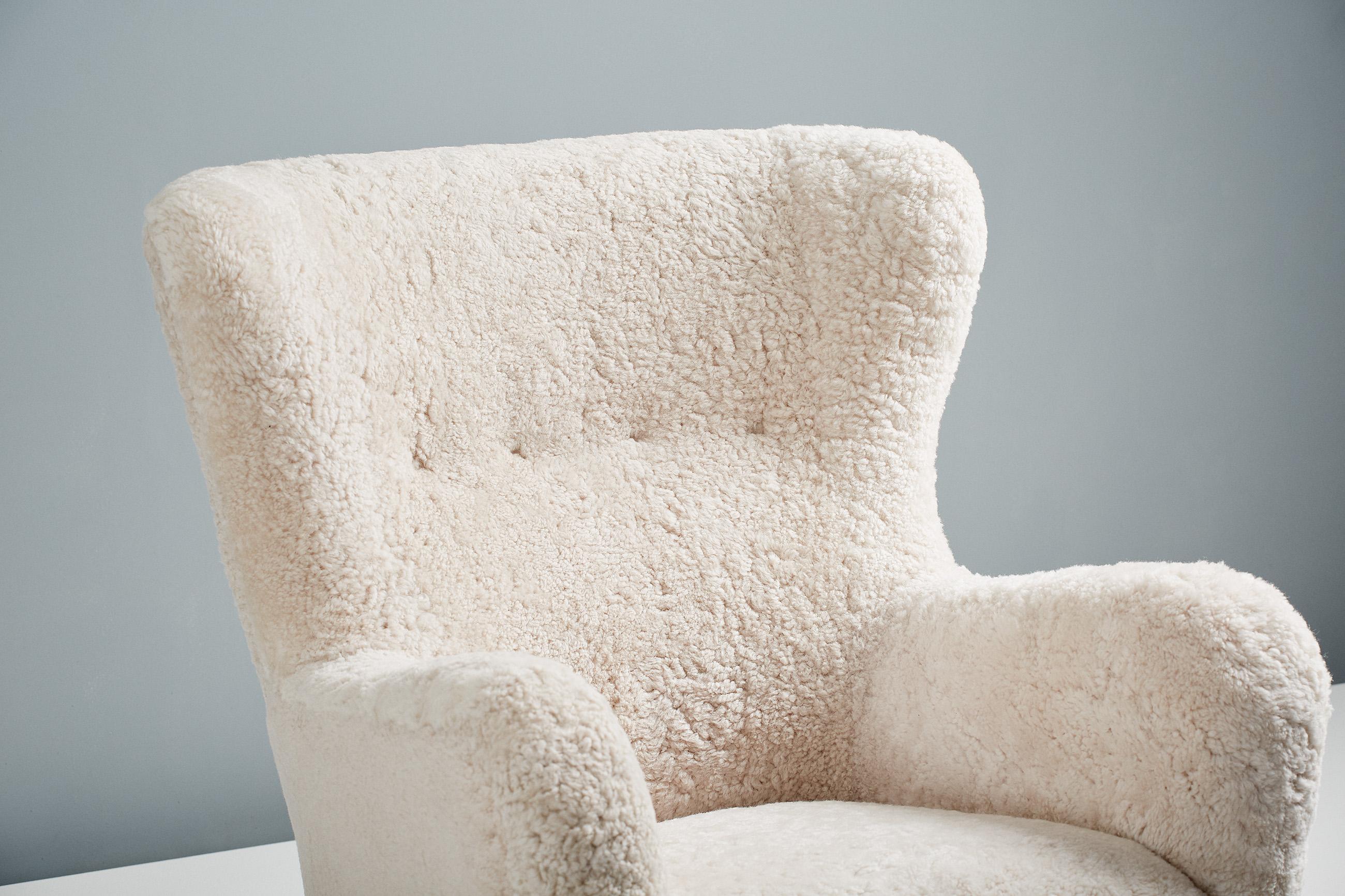 British Custom Made Sampo Sheepskin Wing Chair For Sale