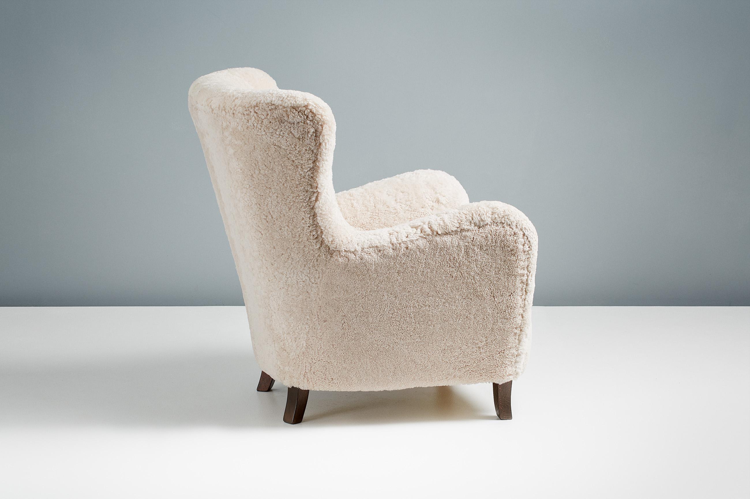 Custom Made Sampo Sheepskin Wing Chair For Sale 4