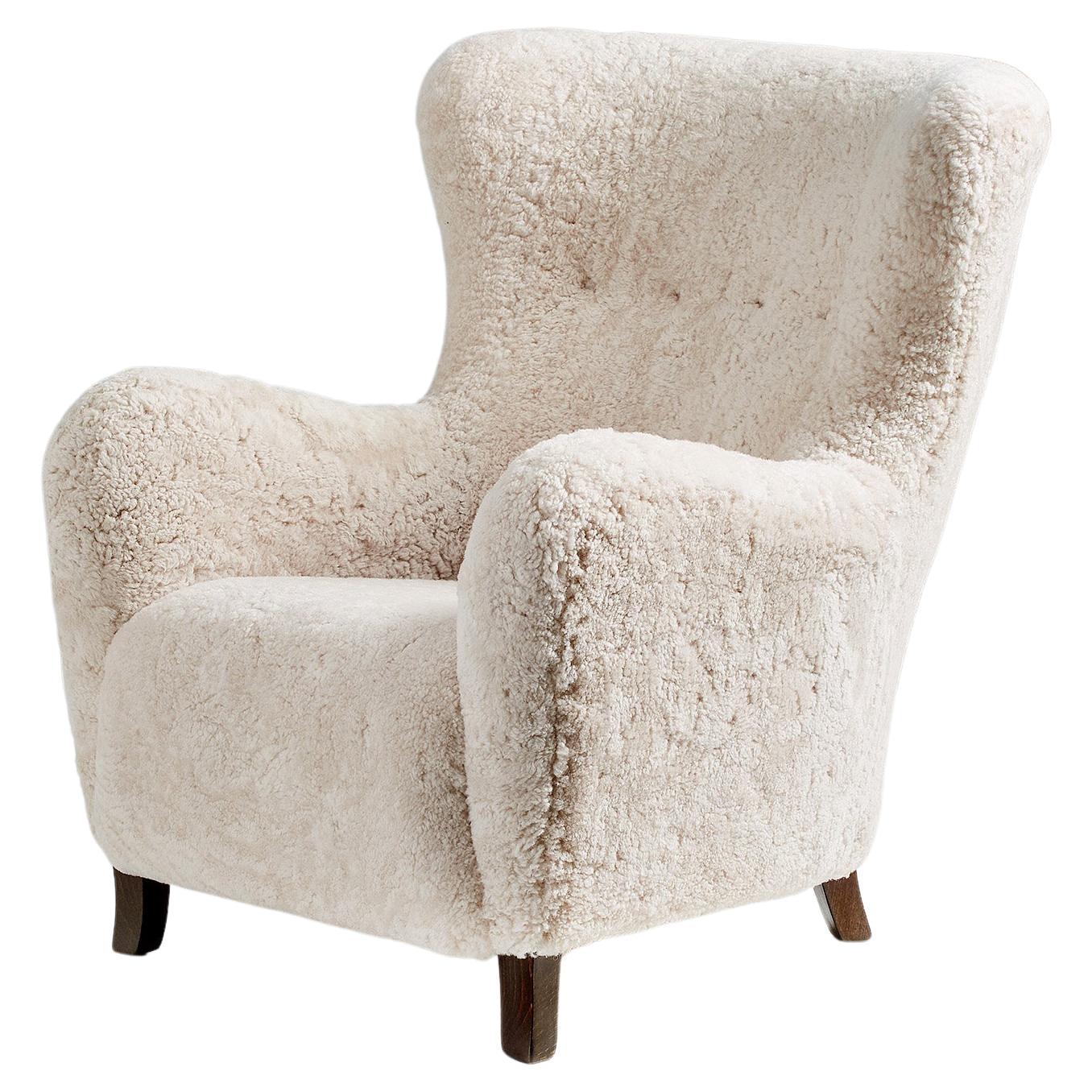 Custom Made Sampo Sheepskin Wing Chair For Sale