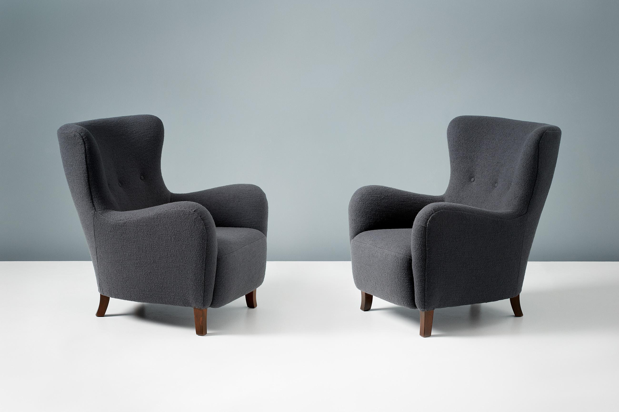 British Custom Made Sampo Wing Chairs For Sale
