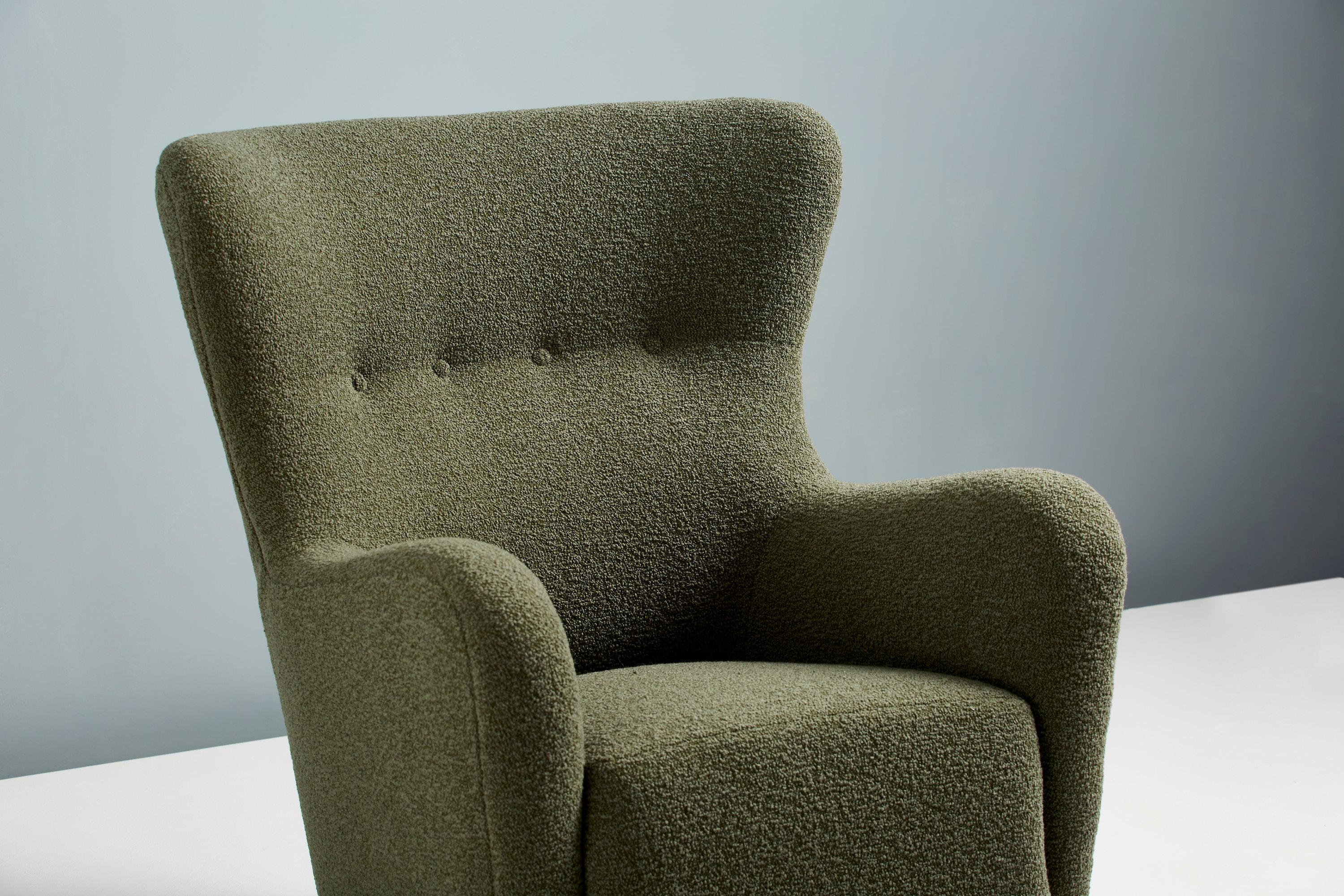Contemporary Custom Made Sampo Wing Chair Upholstered in Dedar Nimbus Fabric For Sale