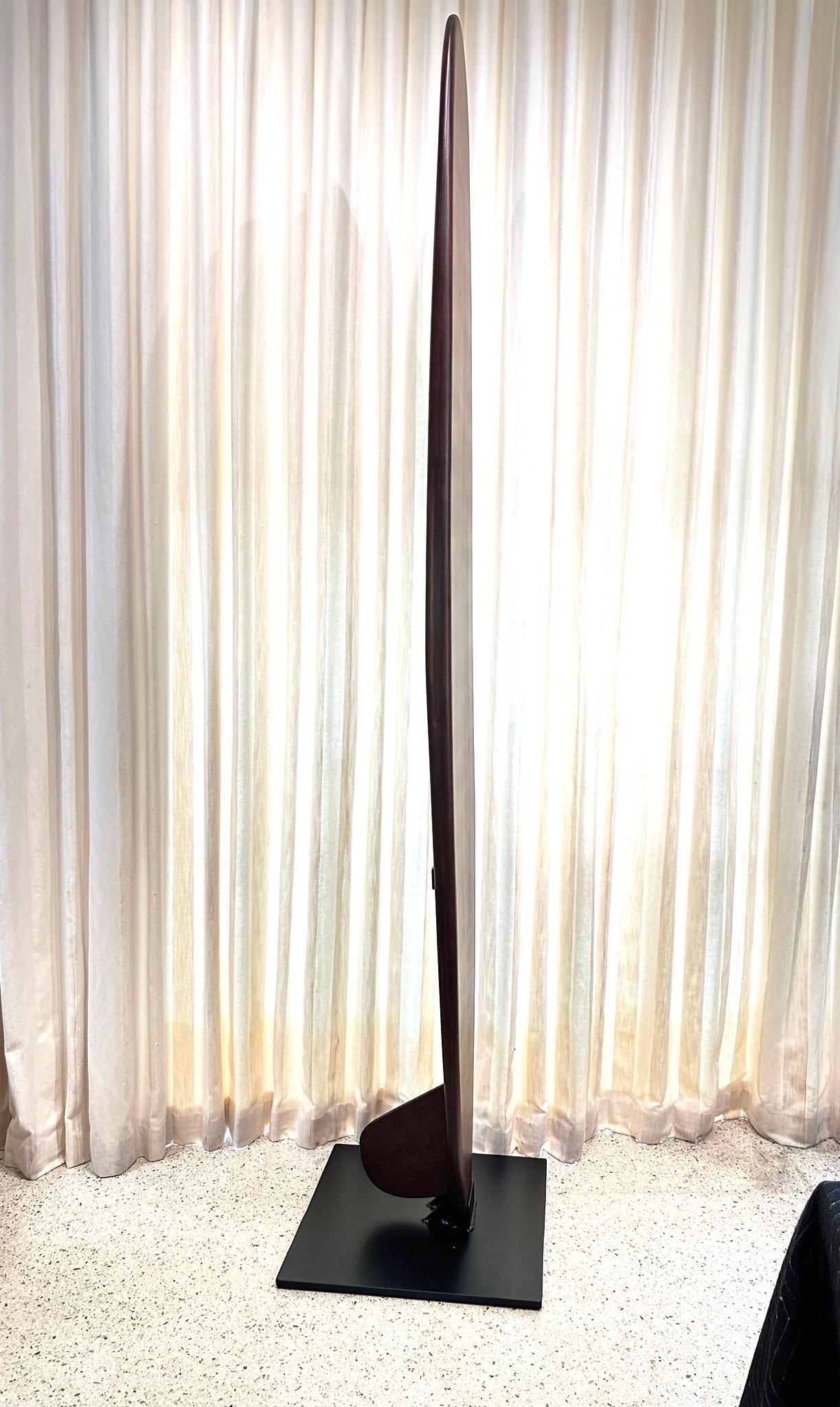 Custom Made Sapele Wood Surfboard Sculpture on Heavy Iron Base For Sale 4
