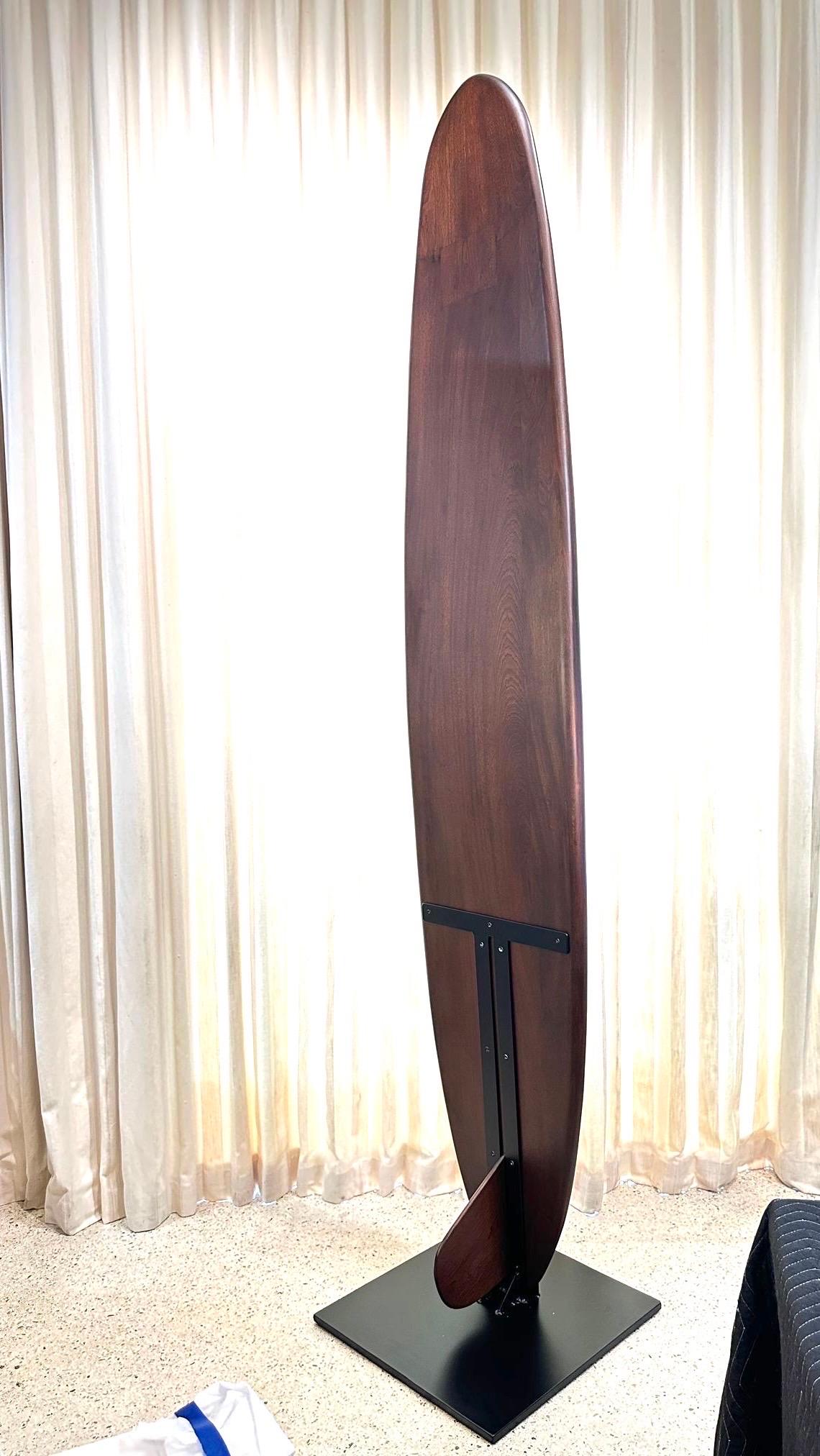 Custom Made Sapele Wood Surfboard Sculpture on Heavy Iron Base For Sale 5