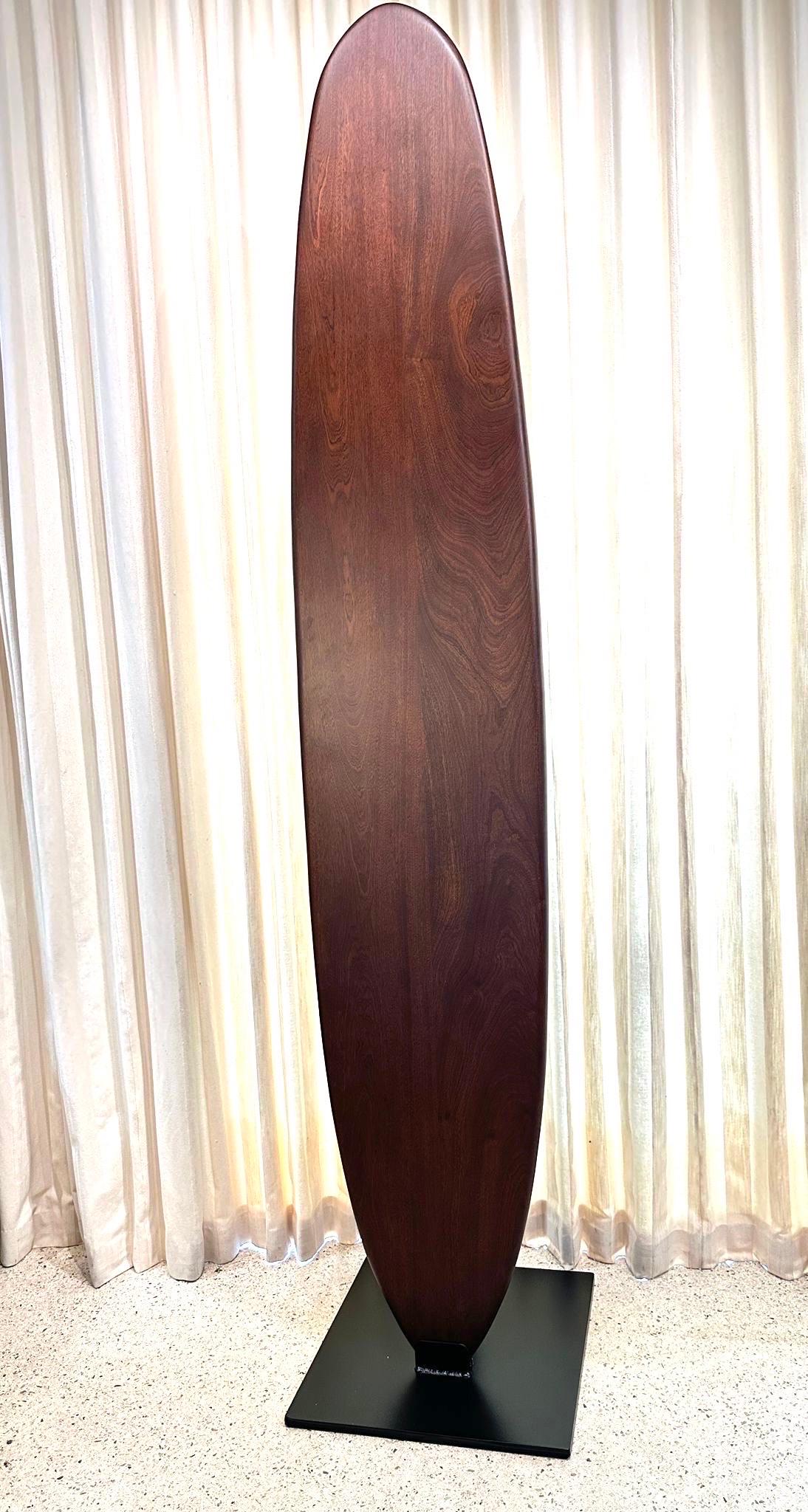 Custom Made Sapele Wood Surfboard Sculpture on Heavy Iron Base For Sale 6