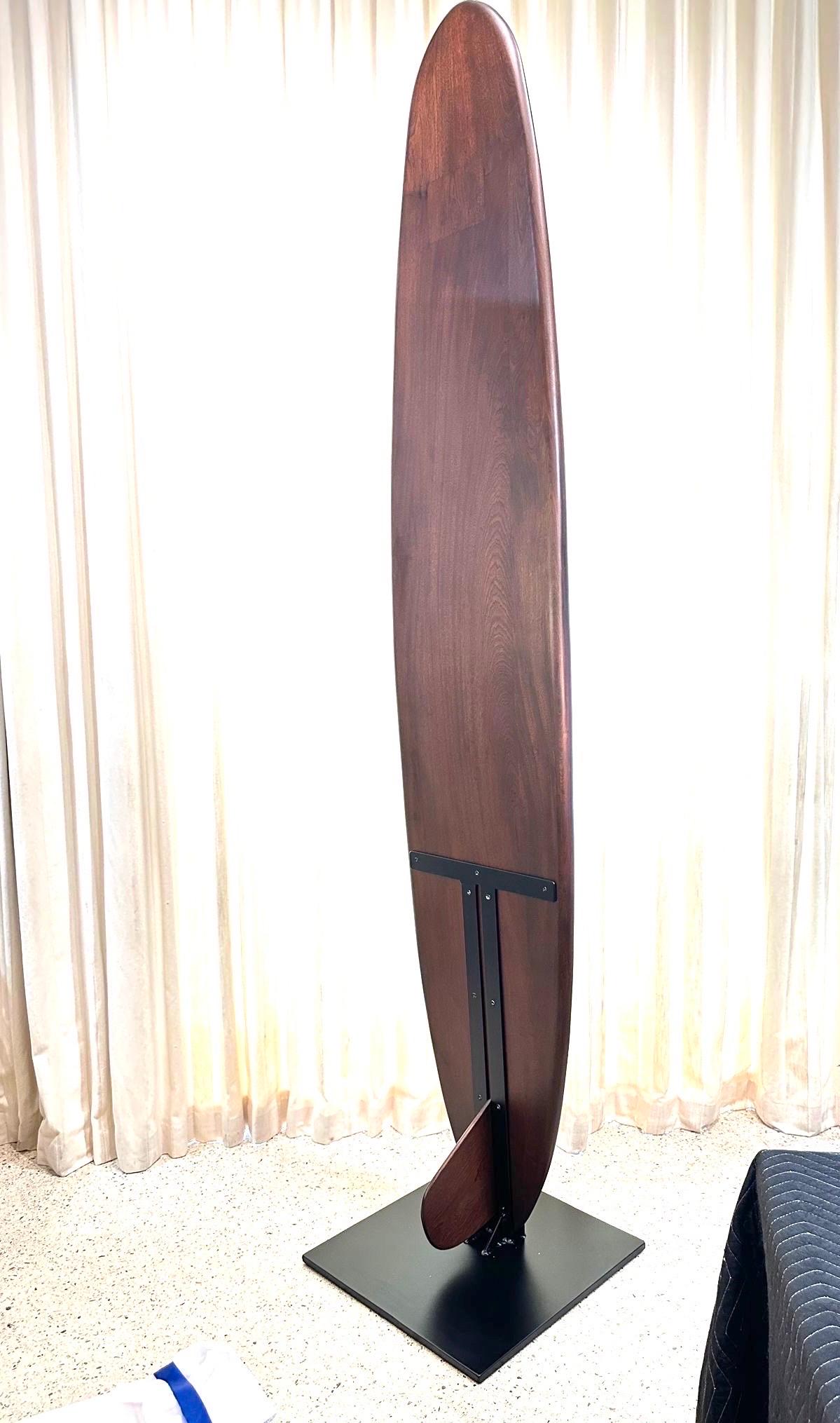 Custom Made Sapele Wood Surfboard Sculpture on Heavy Iron Base For Sale 7