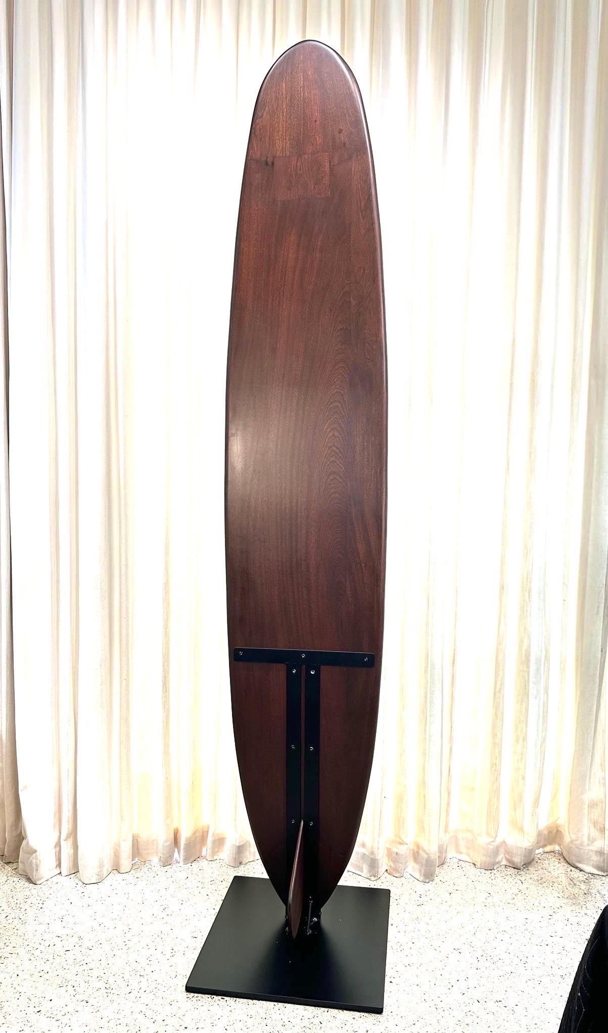 Custom Made Sapele Wood Surfboard Sculpture on Heavy Iron Base For Sale 8
