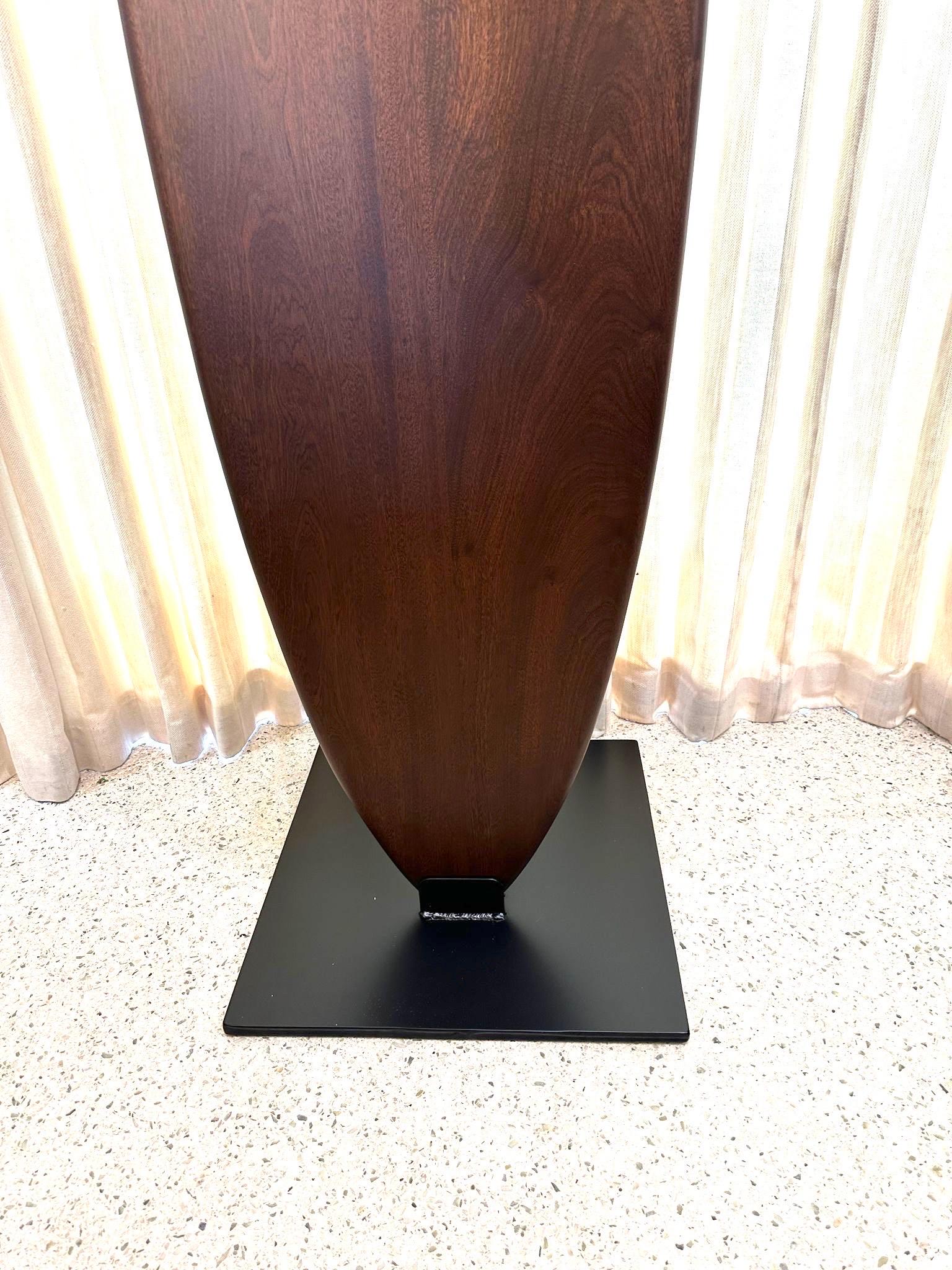 Custom Made Sapele Wood Surfboard Sculpture on Heavy Iron Base For Sale 10