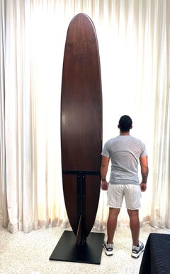 Custom Made Sapele Wood Surfboard Sculpture on Heavy Iron Base