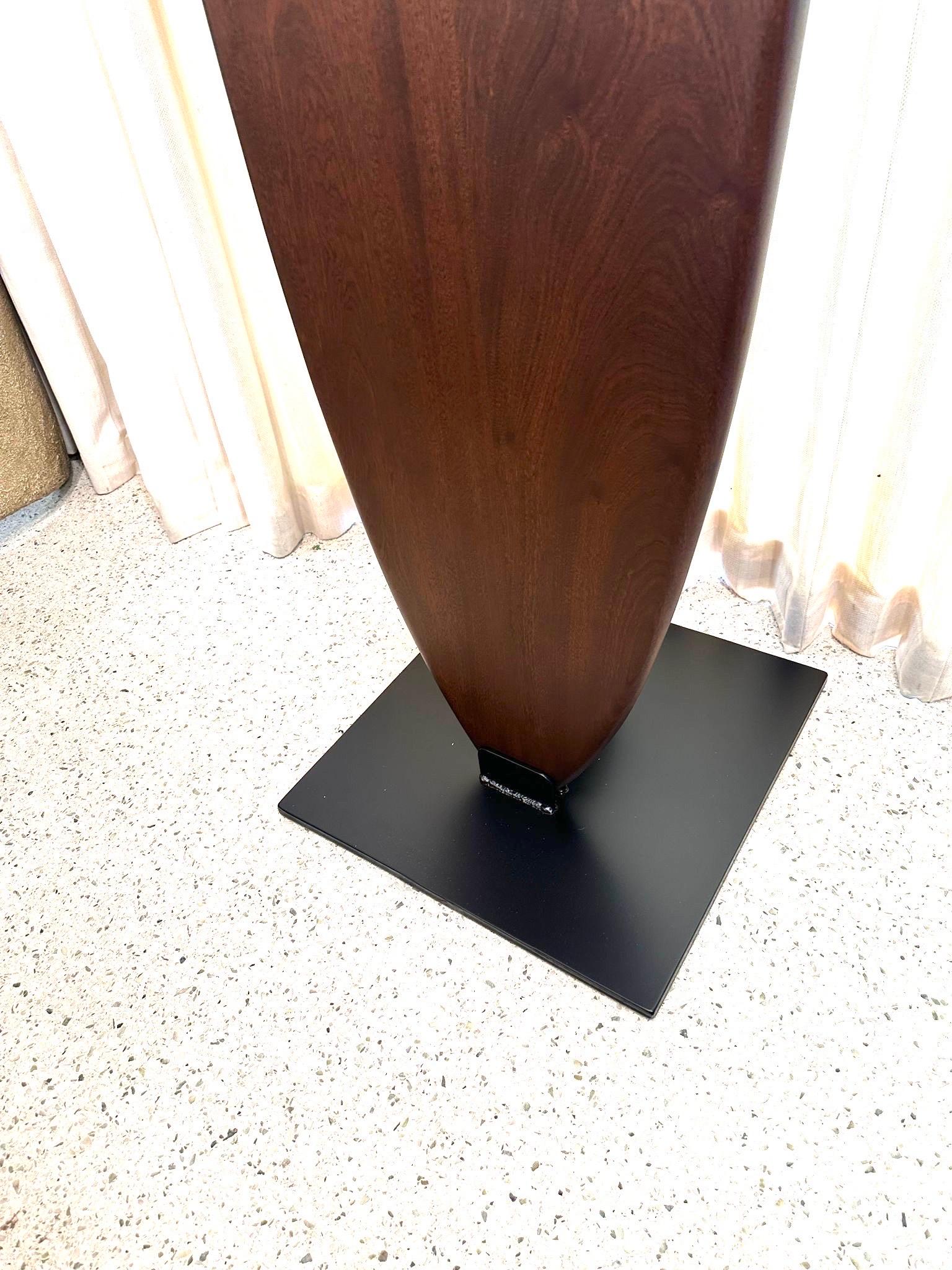 Organic Modern Custom Made Sapele Wood Surfboard Sculpture on Heavy Iron Base For Sale