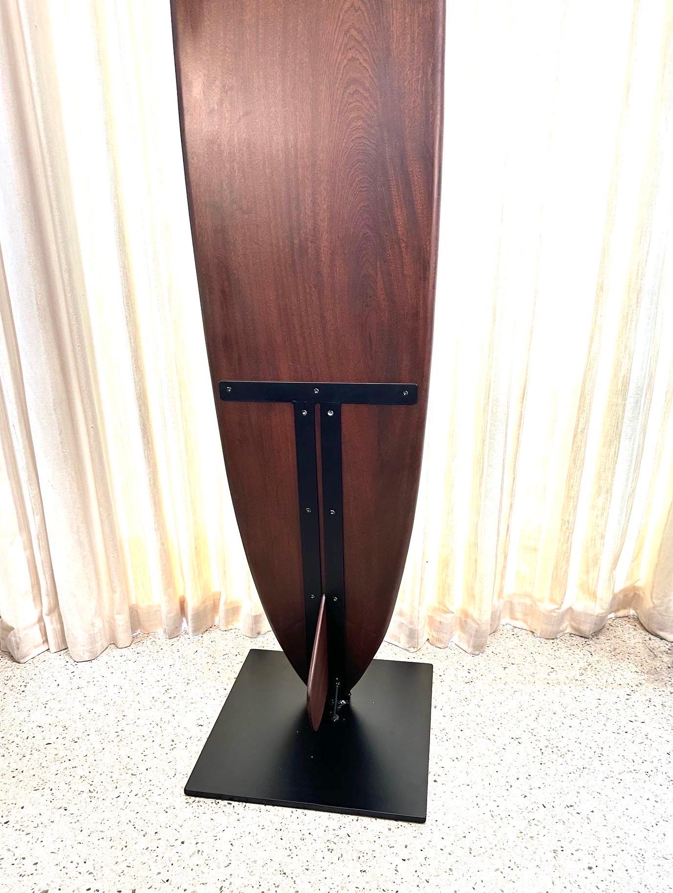 Custom Made Sapele Wood Surfboard Sculpture on Heavy Iron Base In Good Condition For Sale In North Miami, FL