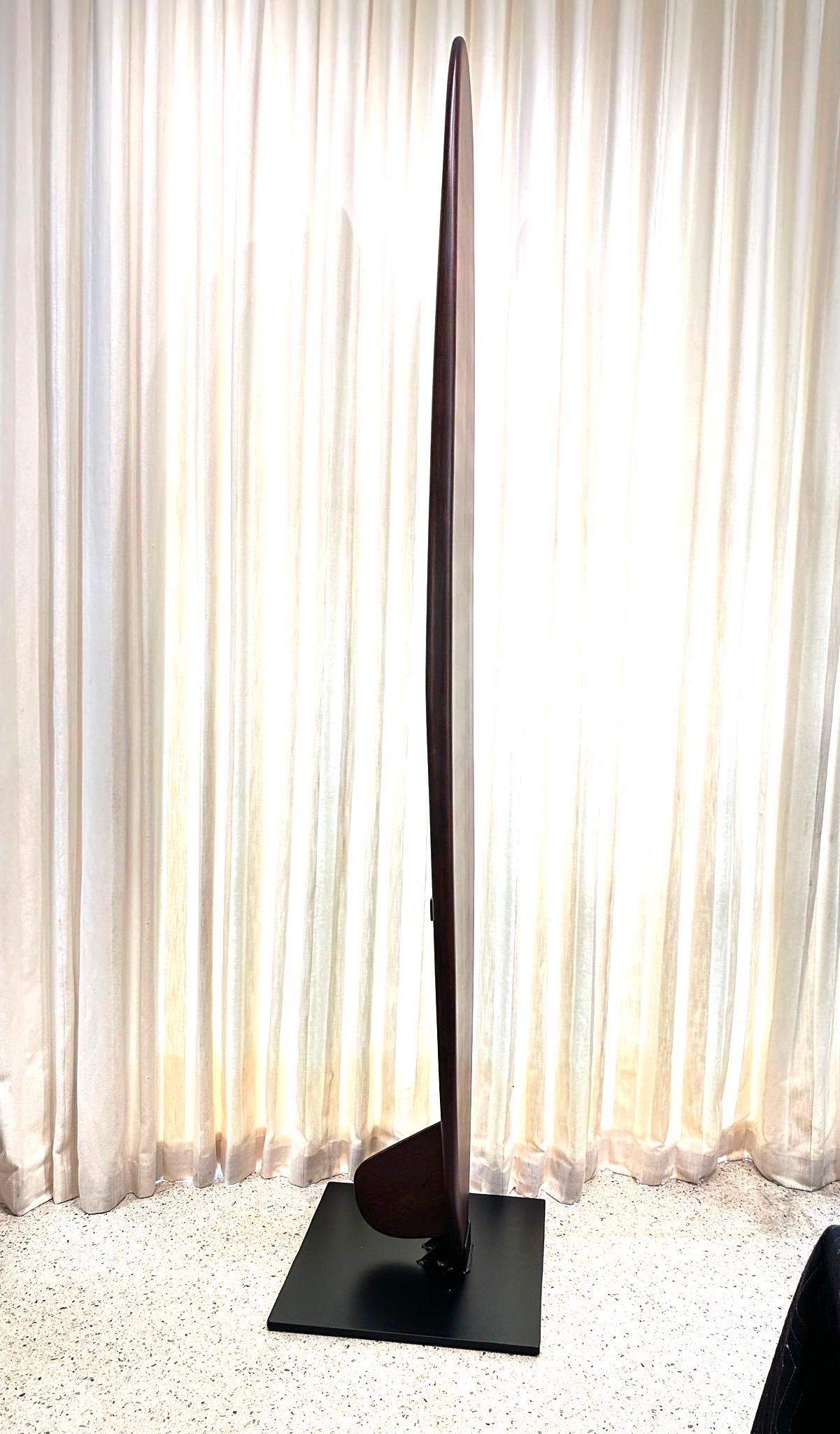 Contemporary Custom Made Sapele Wood Surfboard Sculpture on Heavy Iron Base For Sale