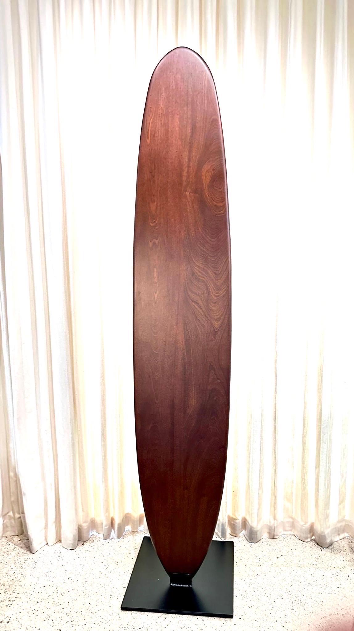 Custom Made Sapele Wood Surfboard Sculpture on Heavy Iron Base For Sale 1
