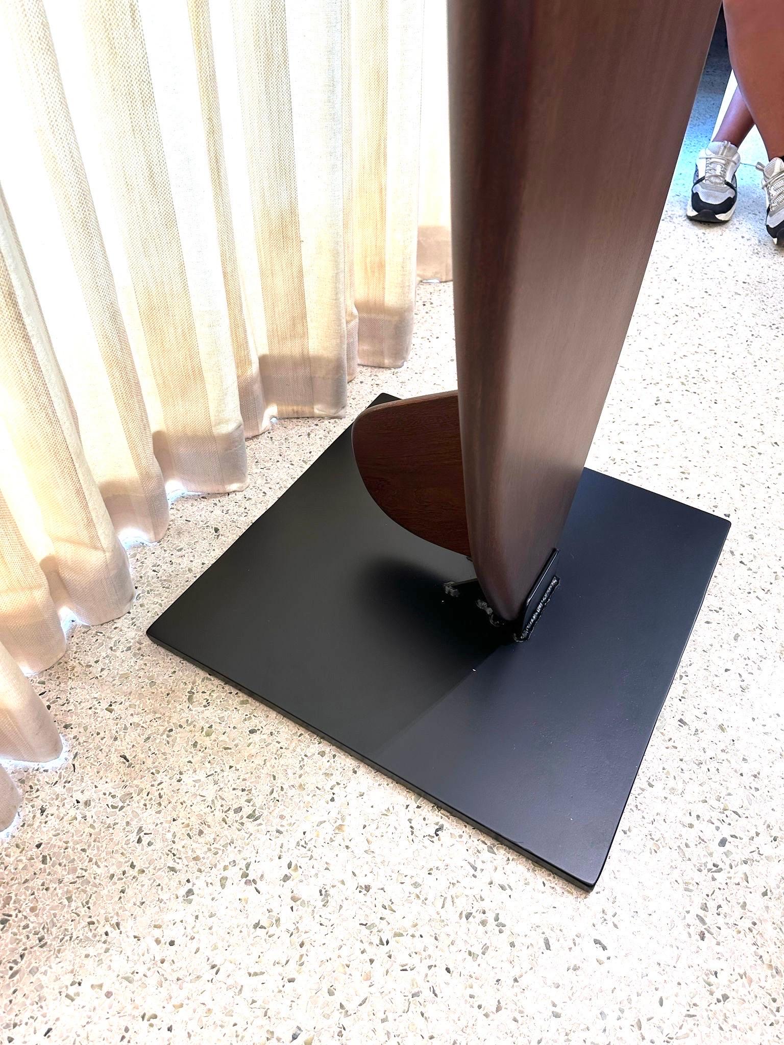 Custom Made Sapele Wood Surfboard Sculpture on Heavy Iron Base For Sale 2