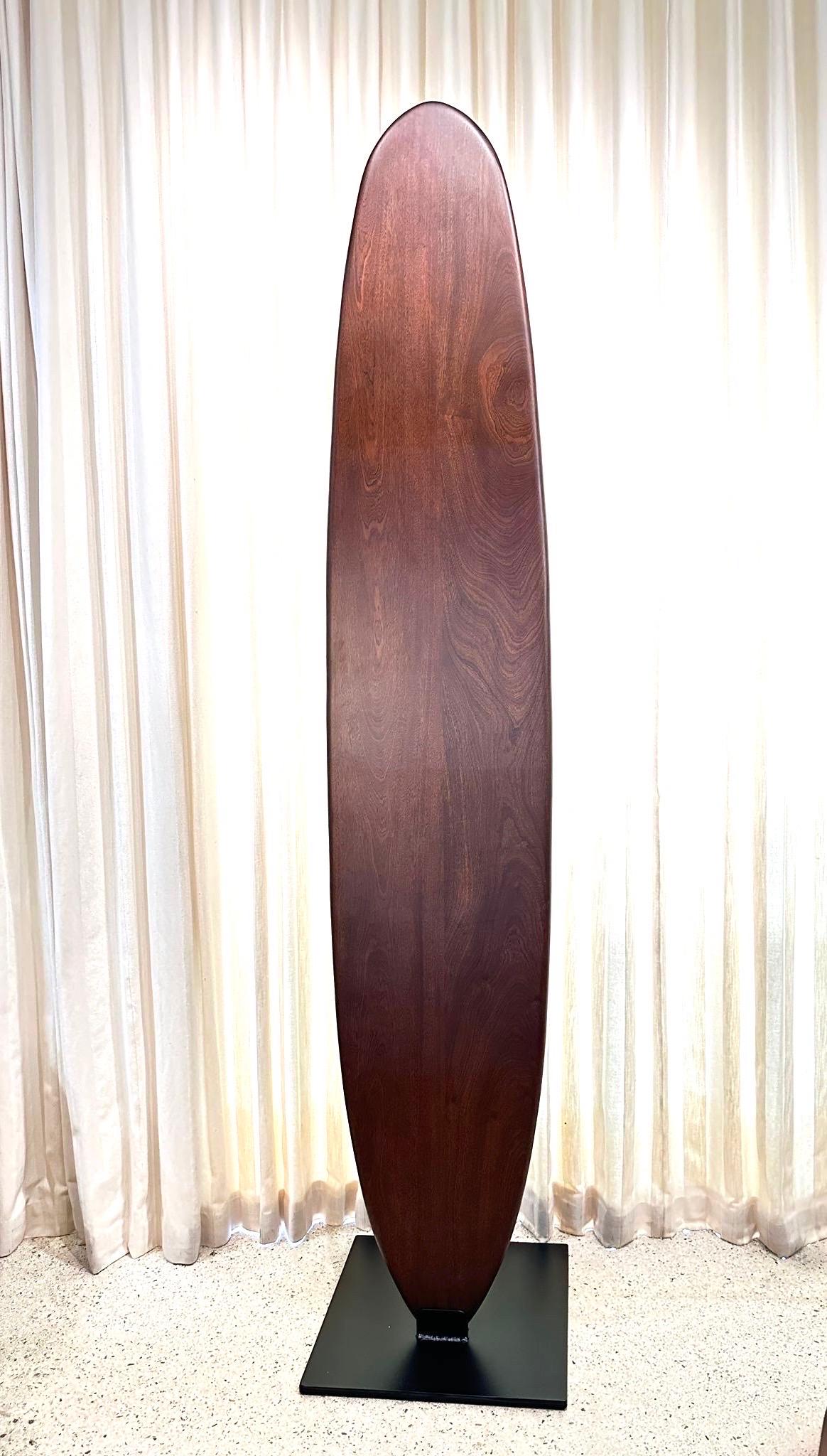 Custom Made Sapele Wood Surfboard Sculpture on Heavy Iron Base For Sale 3