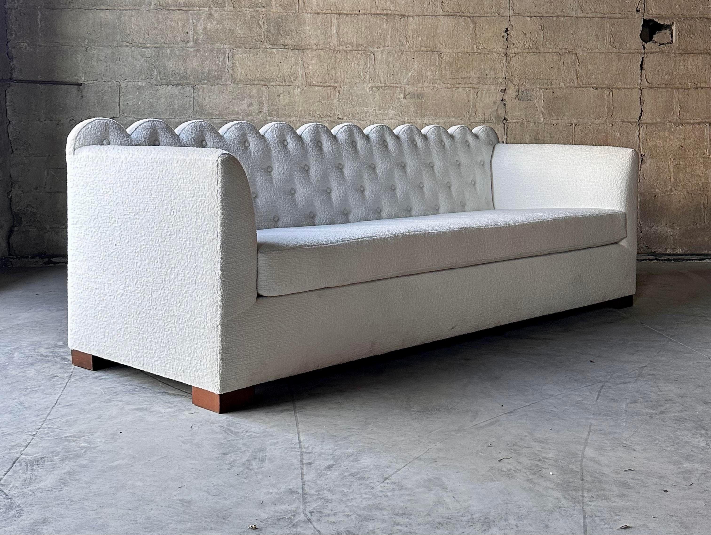 Art Deco Custom Made Scalloped Bouclé Sofa For Sale