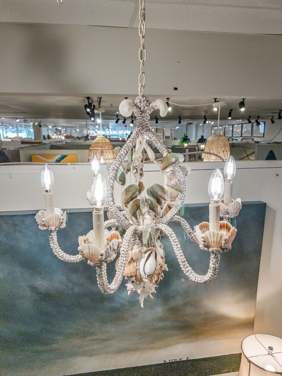 A unique custom made chandelier with meticulously applied seashells. A true work of art and a one of a kind!