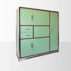 Armadietto per segreterie su misura, metallo cromato, legno laccato e impiallacciato