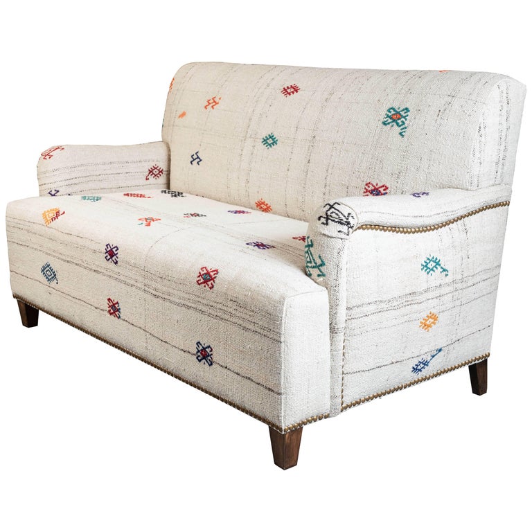 Custom Made Settee Upholstered In A Vintage Flat Weave Kilim Rug Custom Made Settee Upholstered In A Vintage Flat Weave Kilim Rug For