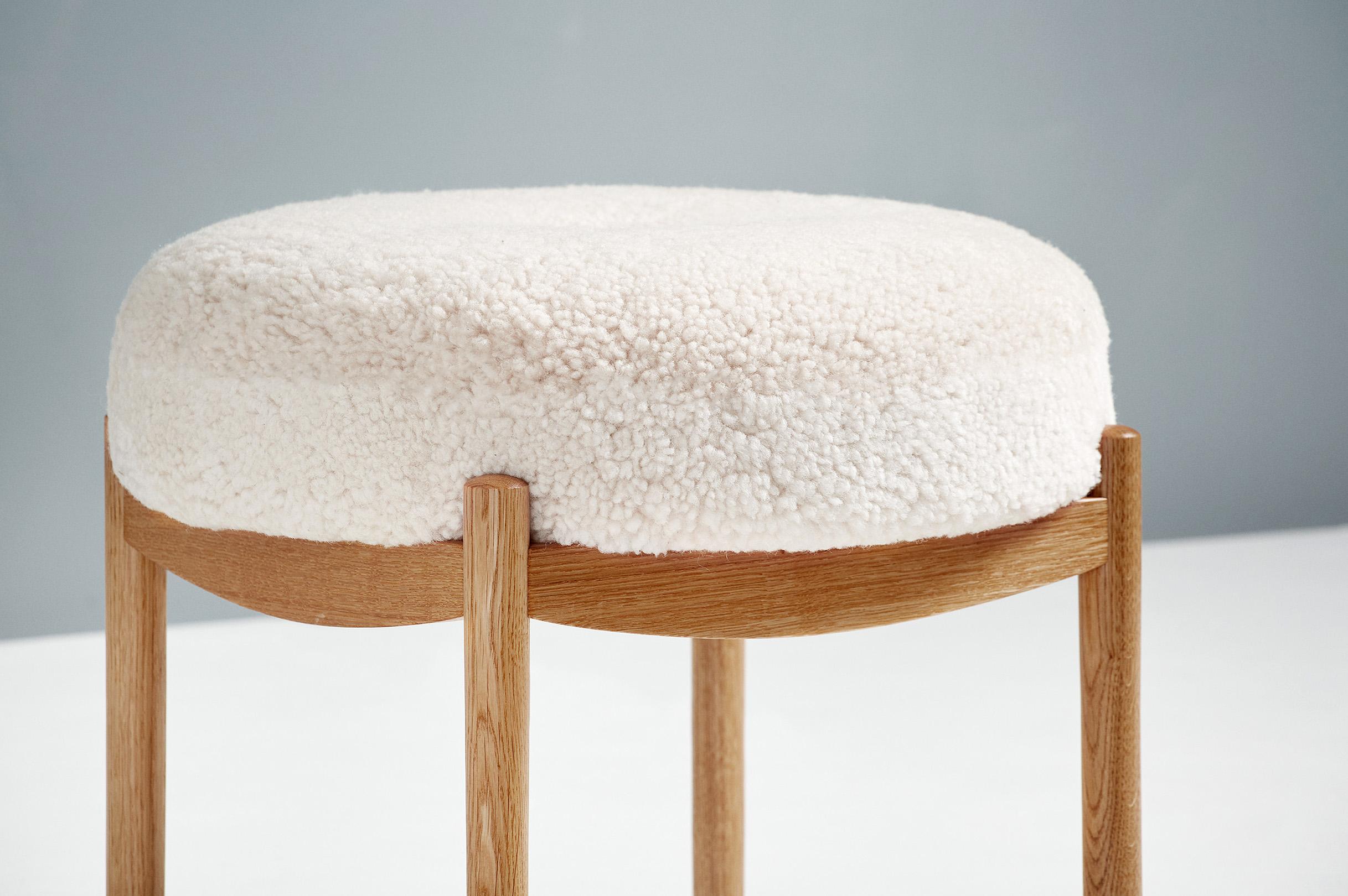 British Custom Made Sheepskin Covered Oak Ottoman For Sale