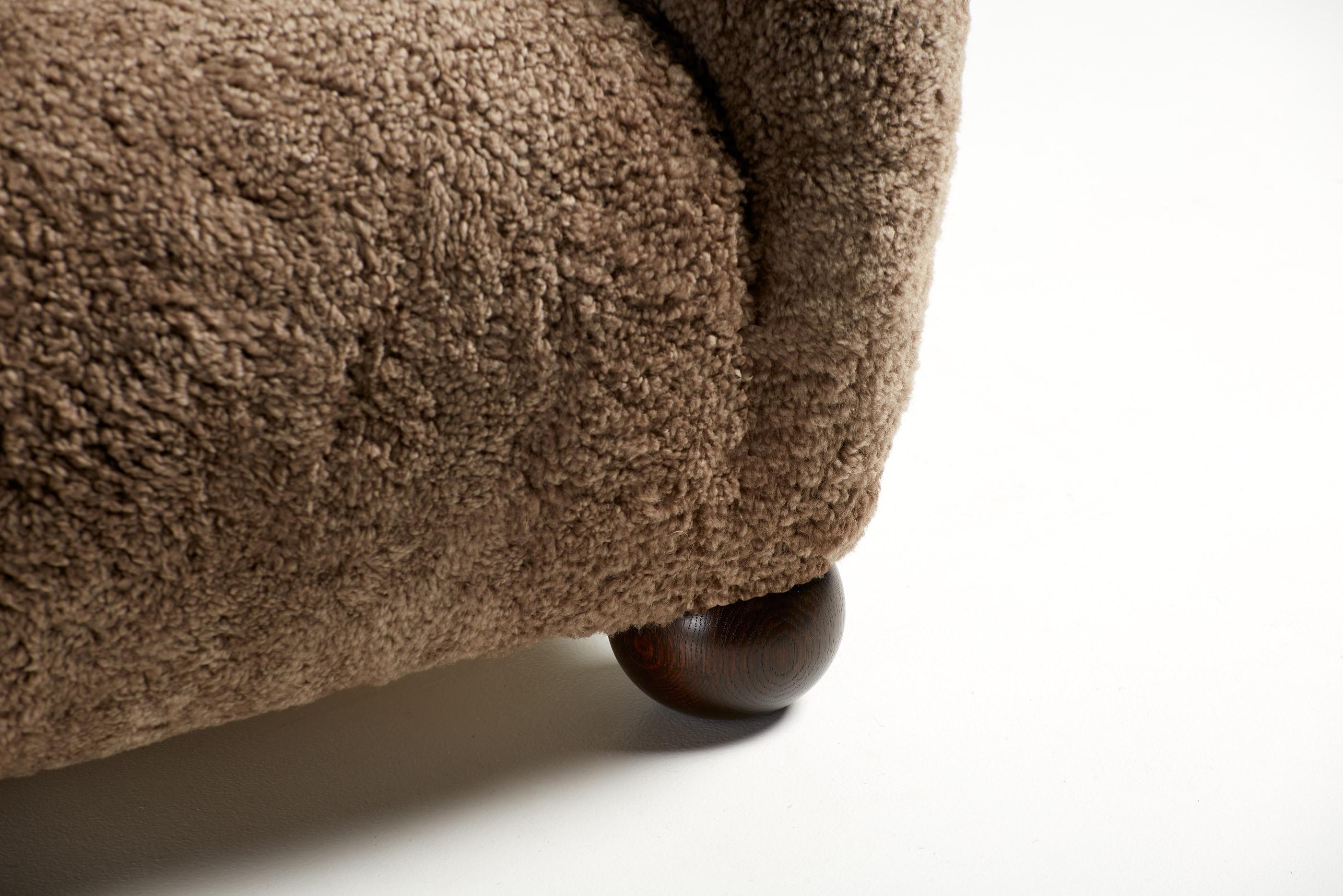 Contemporary Custom Made Sheepskin Karu Armchair, Sahara Sheepskin & Fumed Oak Feet For Sale