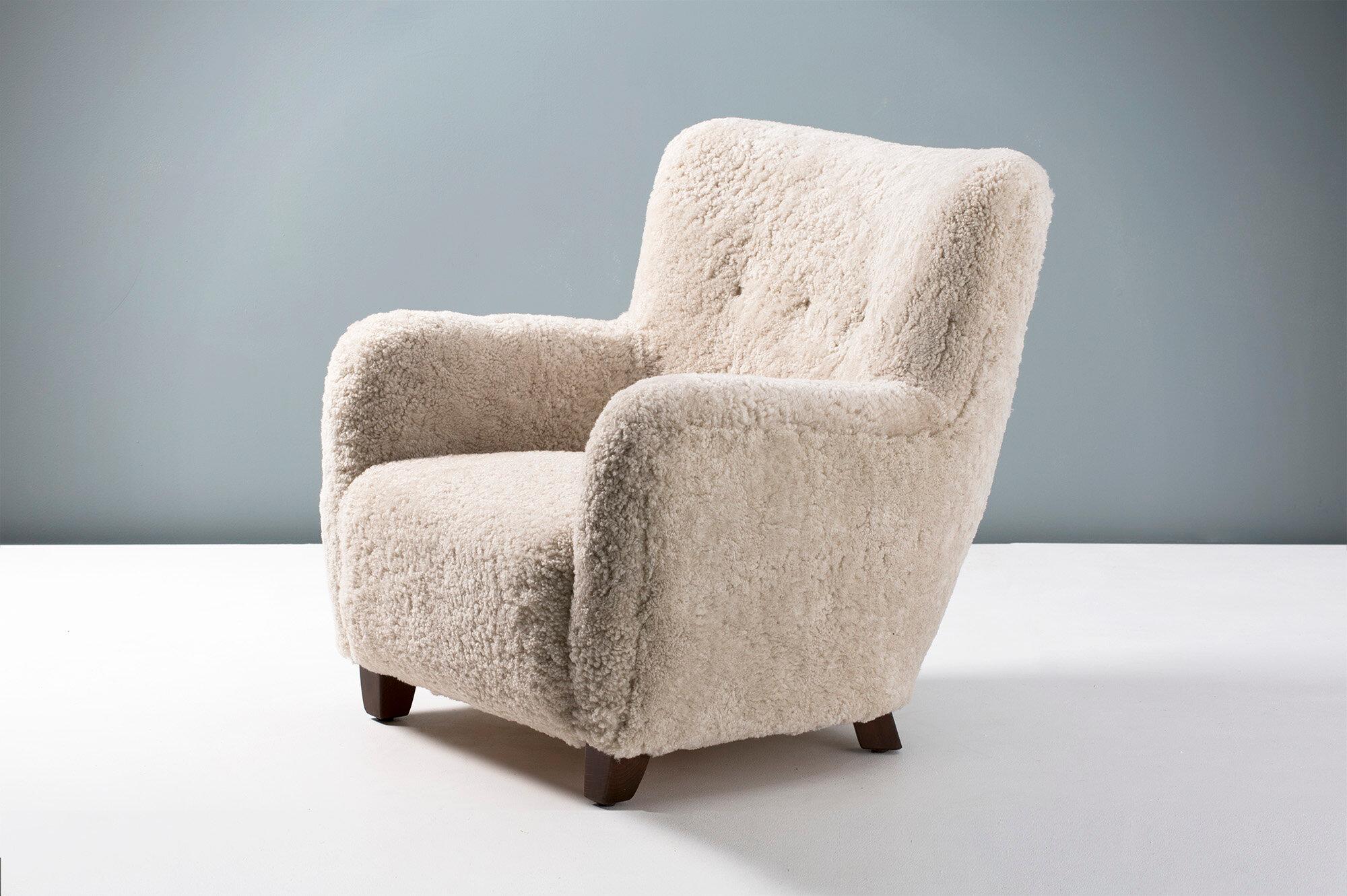 British Custom Made Sheepskin Lounge Chair For Sale
