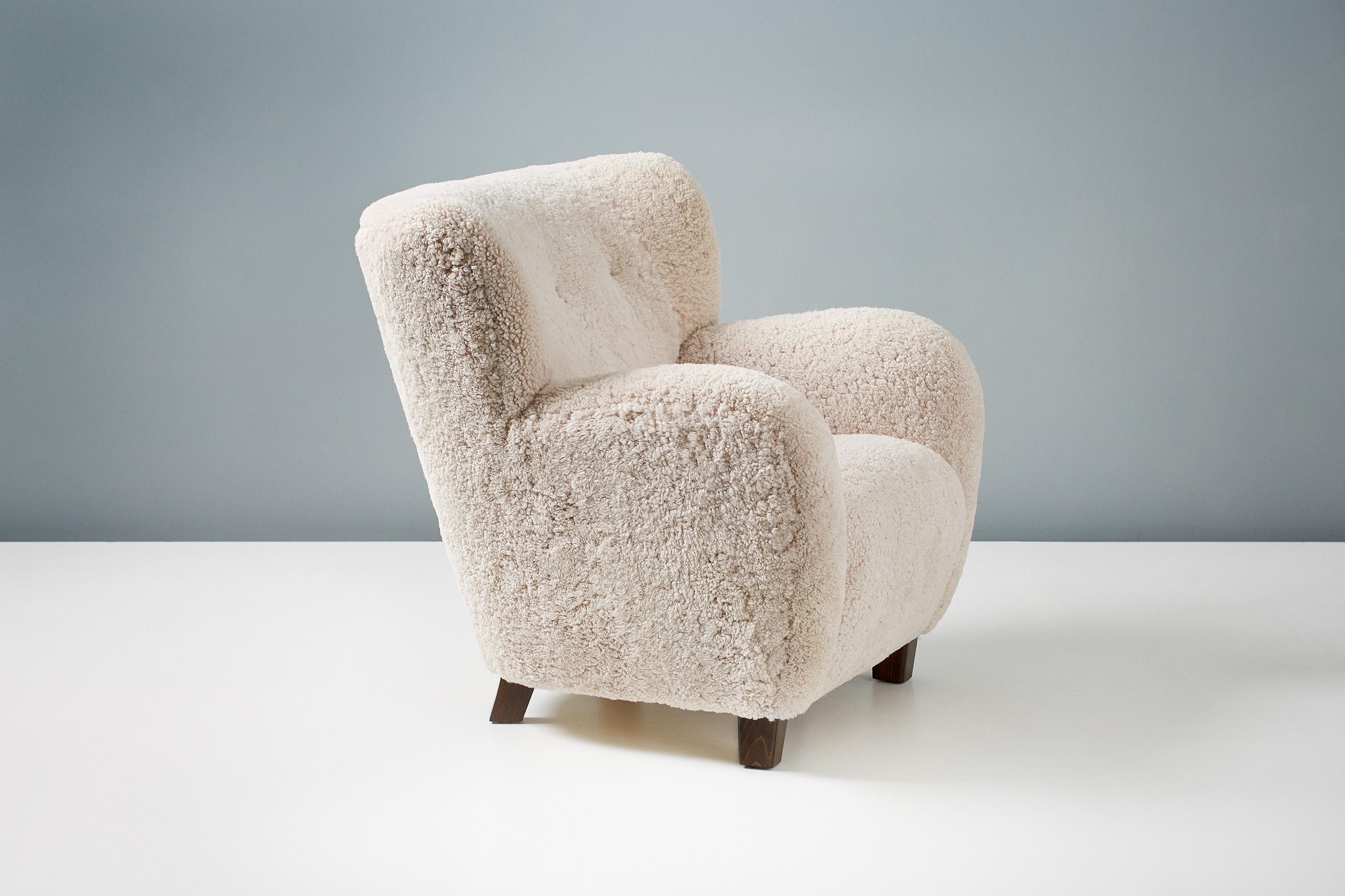 Beech Pair of Custom Made Sheepskin Lounge Chairs For Sale