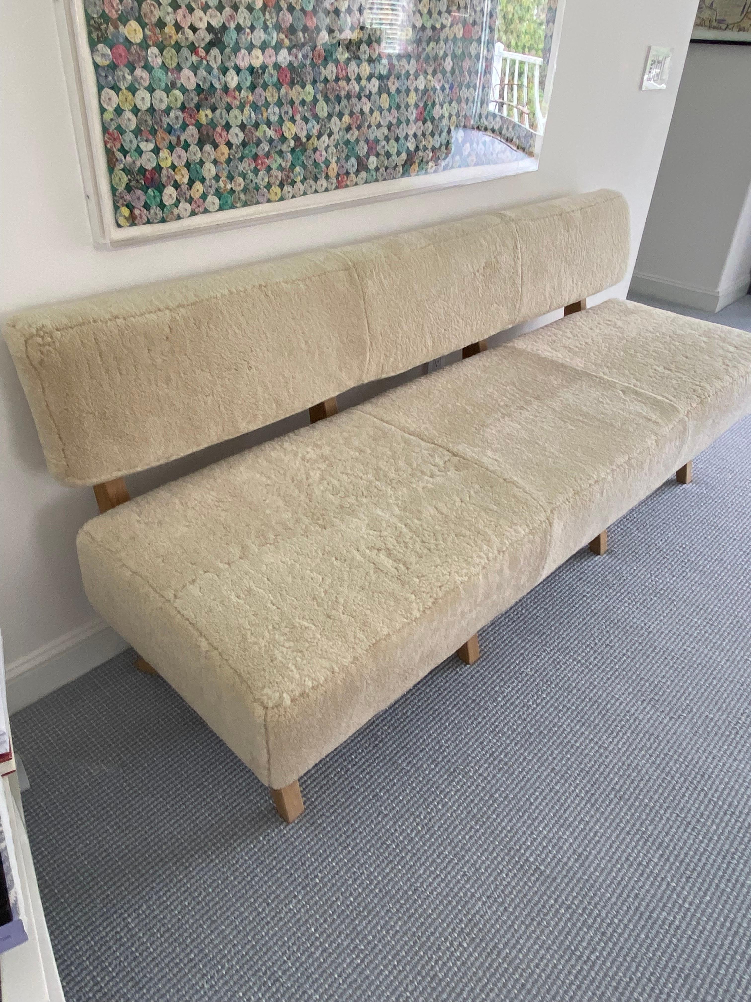 Contemporary Custom Made Sheepskin & Oak Bench  For Sale