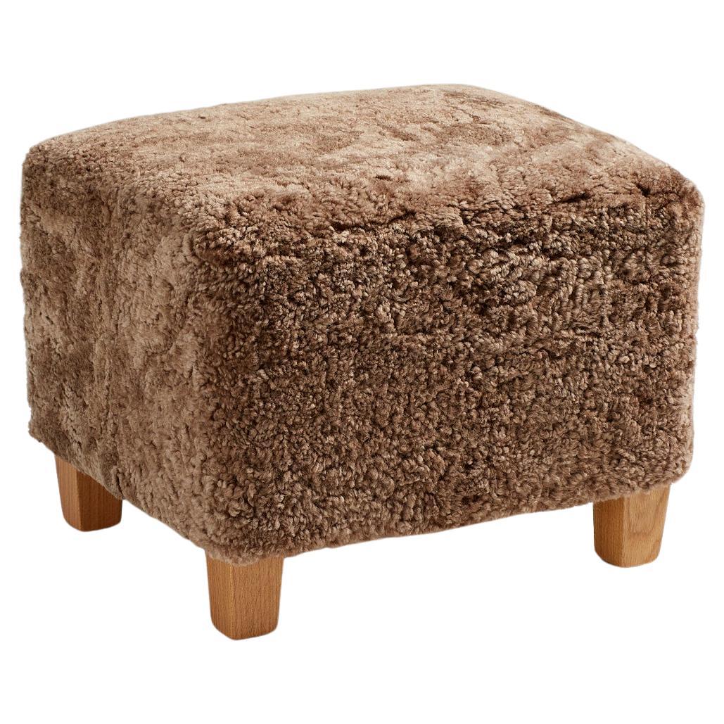 Custom Made Sheepskin Ottoman with Oak Feet For Sale