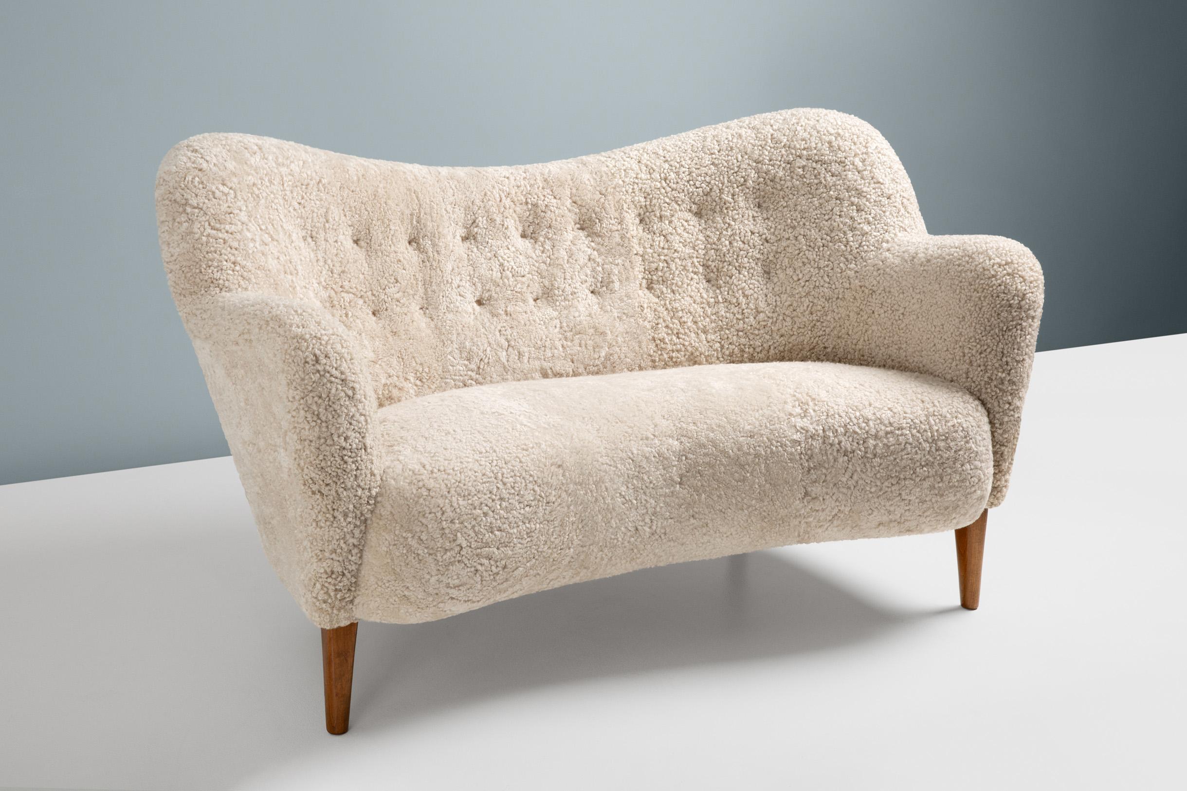 Scandinavian Modern Custom Made Sheepskin Sofa by Alfred Kristensen. Available in COM upholstery For Sale