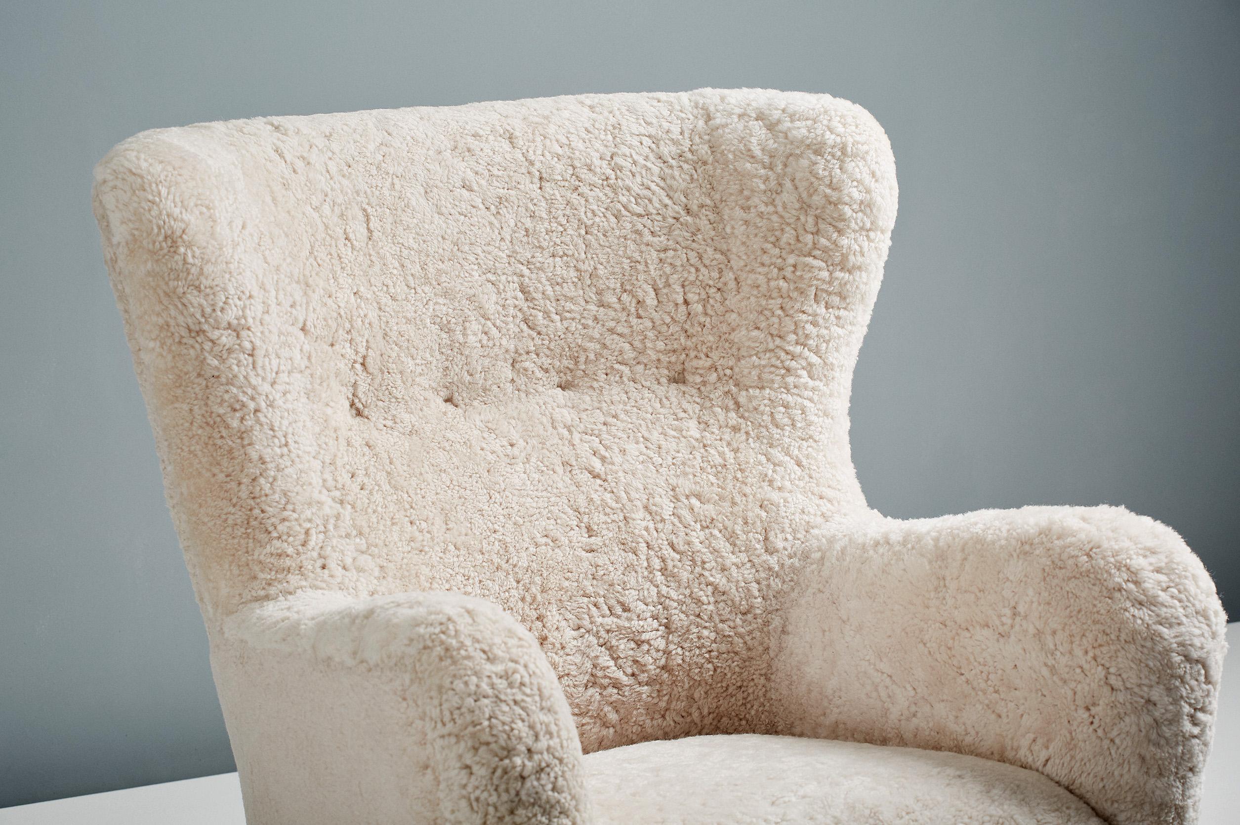 British Pair of Custom Made Sampo Sheepskin Wing Chairs For Sale