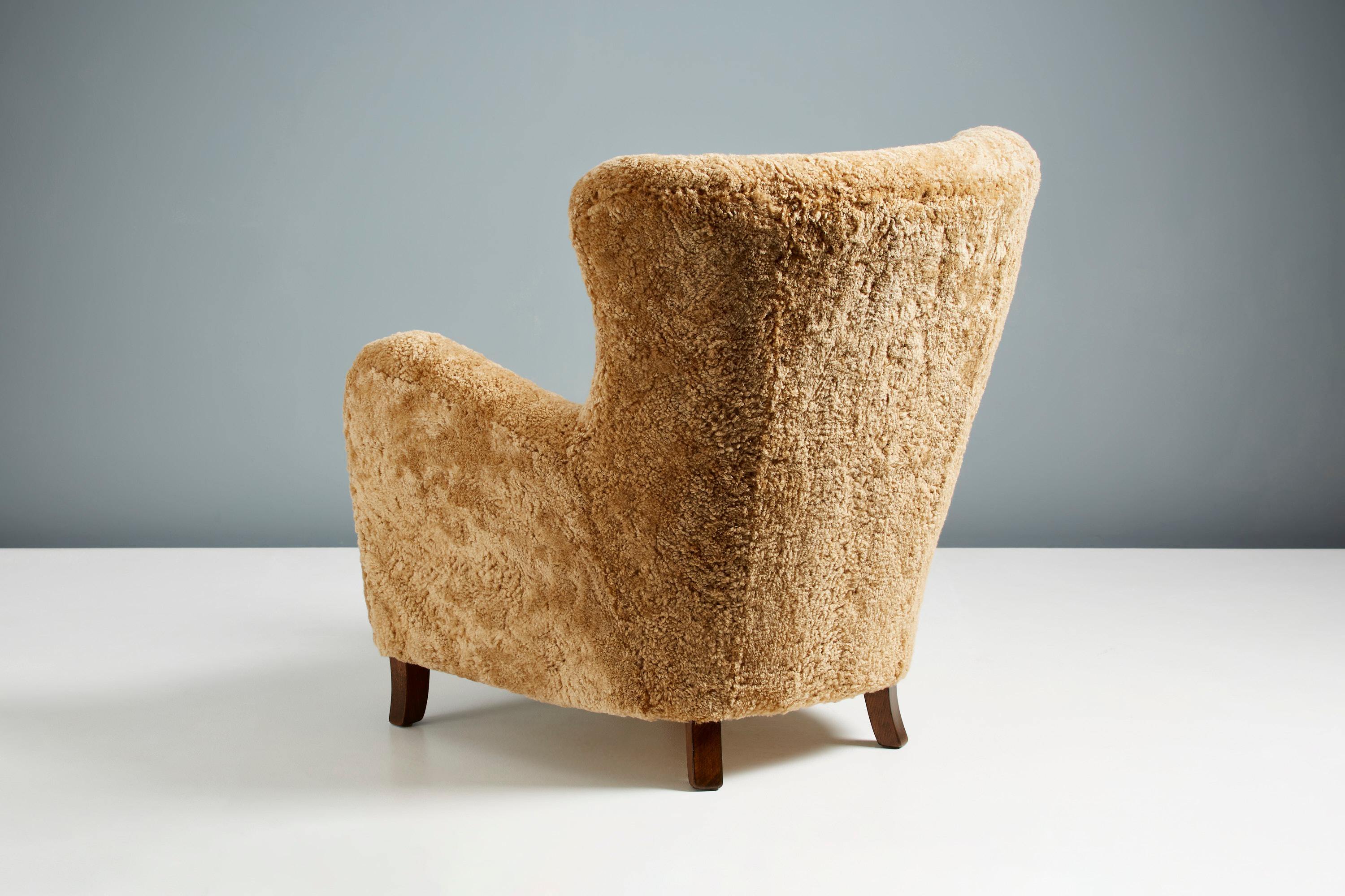Contemporary Custom Made Sheepskin Wing Chair For Sale