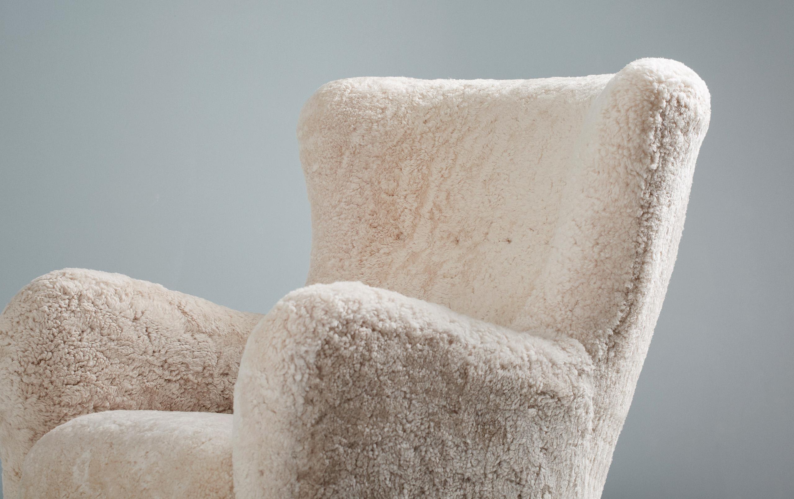 Pair of Custom Made Sampo Sheepskin Wing Chairs For Sale 2