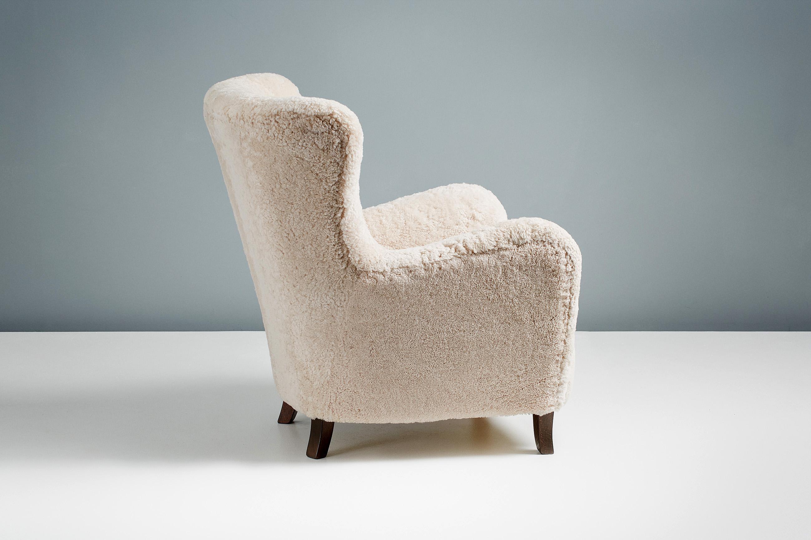 Custom Made Sheepskin Wing Chair For Sale 2