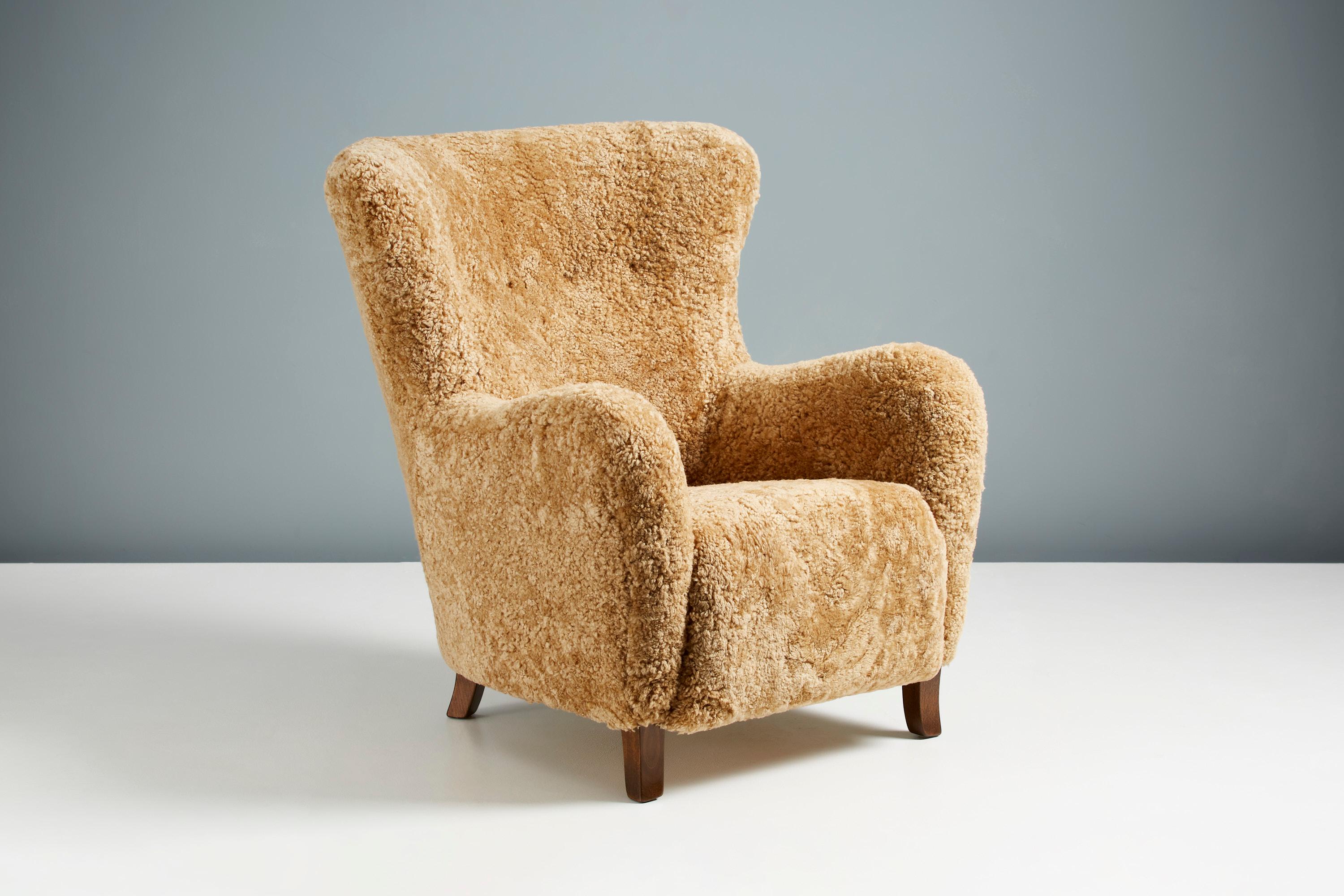 Custom Made Sheepskin Wing Chair For Sale 3