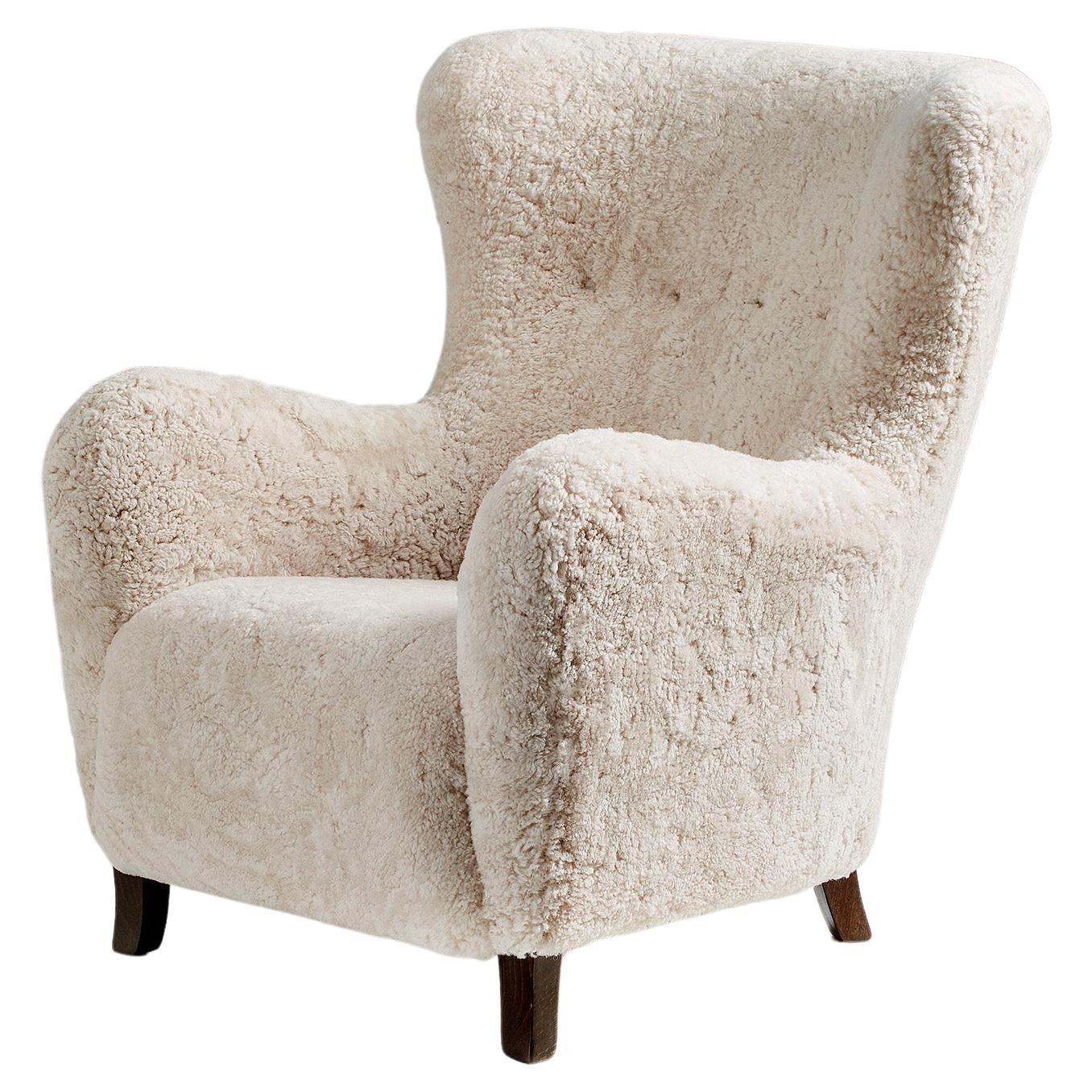 Custom Made Sheepskin Wing Chair For Sale