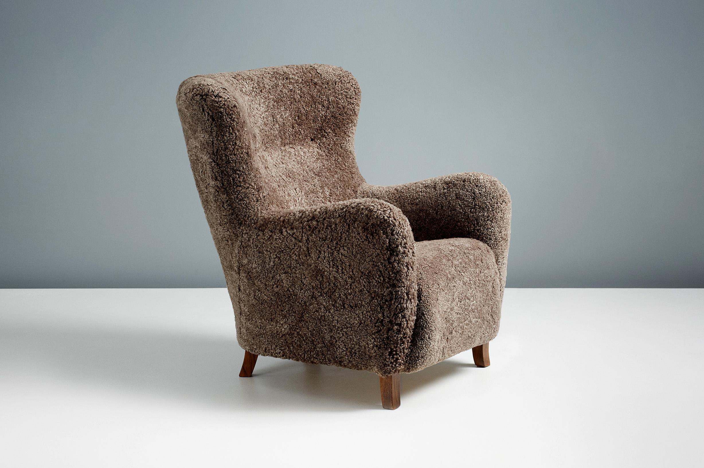 Custom Made Sheepskin Wing Chair & Stool by Dagnmar For Sale 4