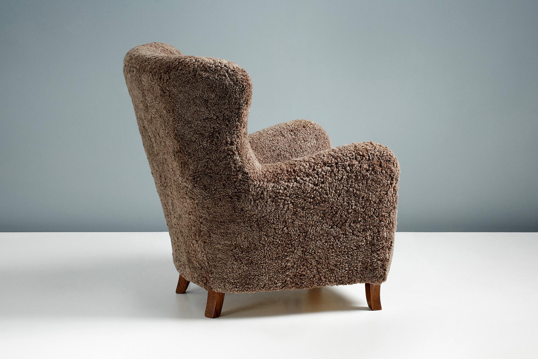 Custom Made Sheepskin Wing Chair & Stool by Dagnmar For Sale 6