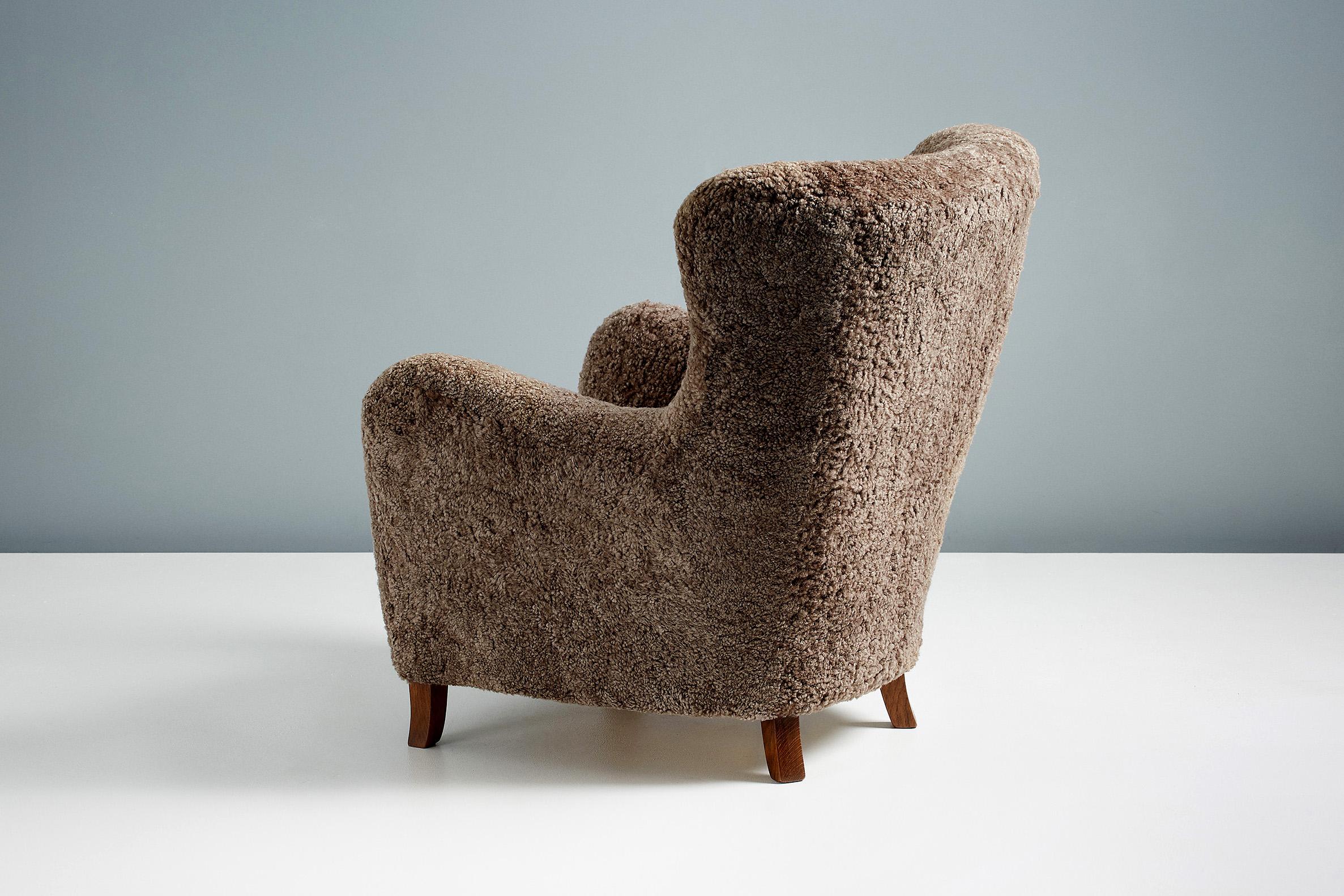 Custom Made Sheepskin Wing Chair & Stool by Dagnmar For Sale 7