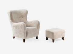 Custom Made Sheepskin Wing Chair & Stool by Dagmar