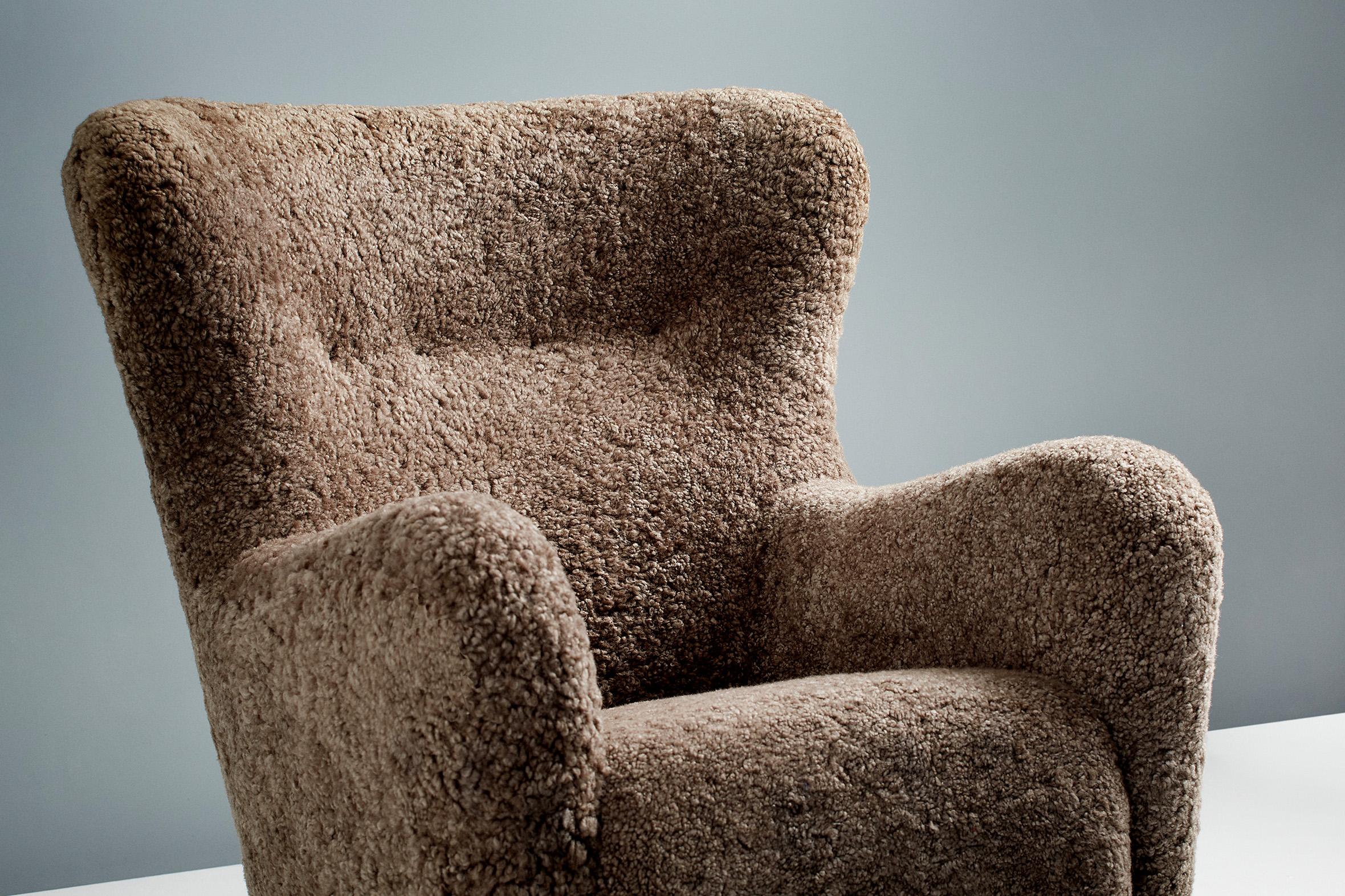 Contemporary Custom Made Sheepskin Wing Chair & Stool by Dagnmar For Sale