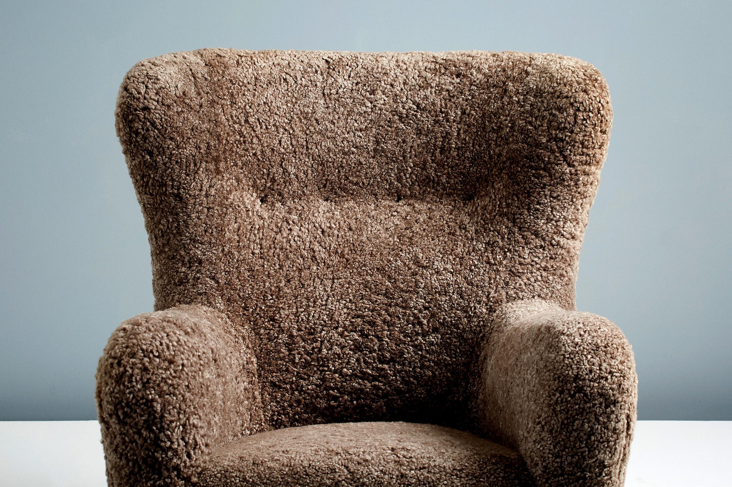 Custom Made Sheepskin Wing Chair & Stool by Dagnmar For Sale 2
