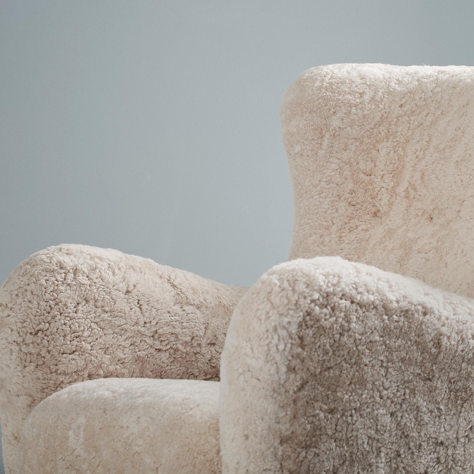 Custom Made Sheepskin Wing Chair & Stool by Dagmar For Sale 3