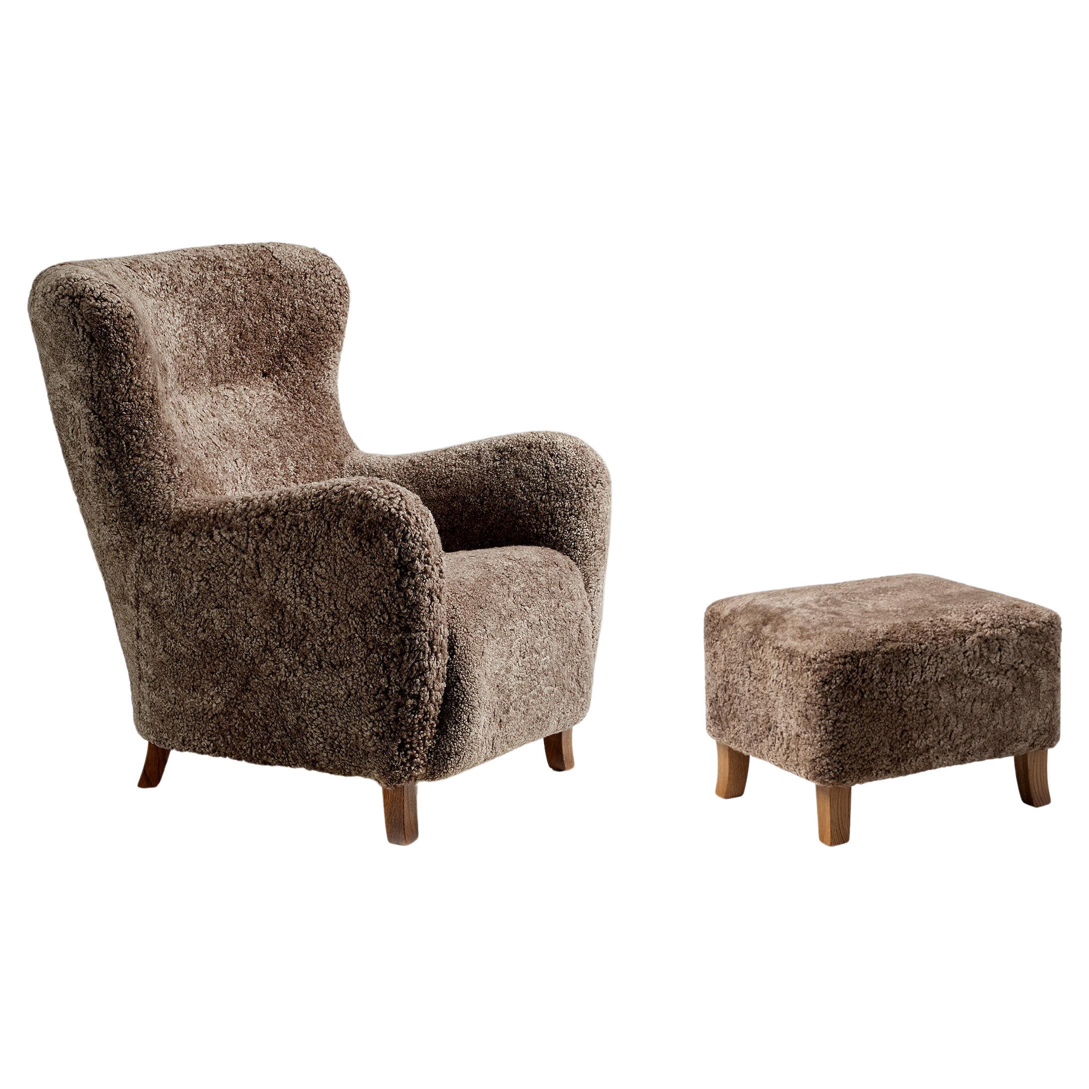 Custom Made Sheepskin Wing Chair & Stool by Dagnmar