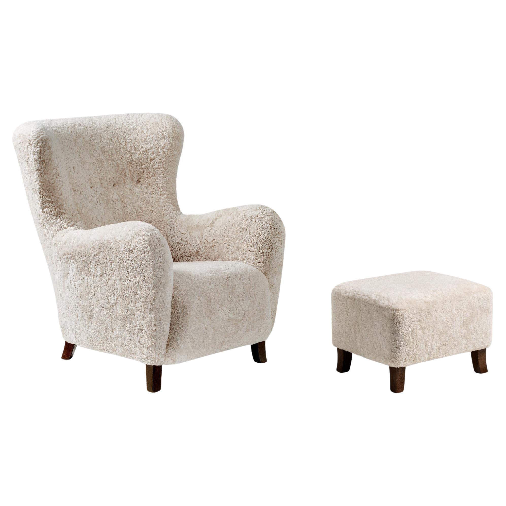 Custom Made Sheepskin Wing Chair & Stool by Dagmar For Sale