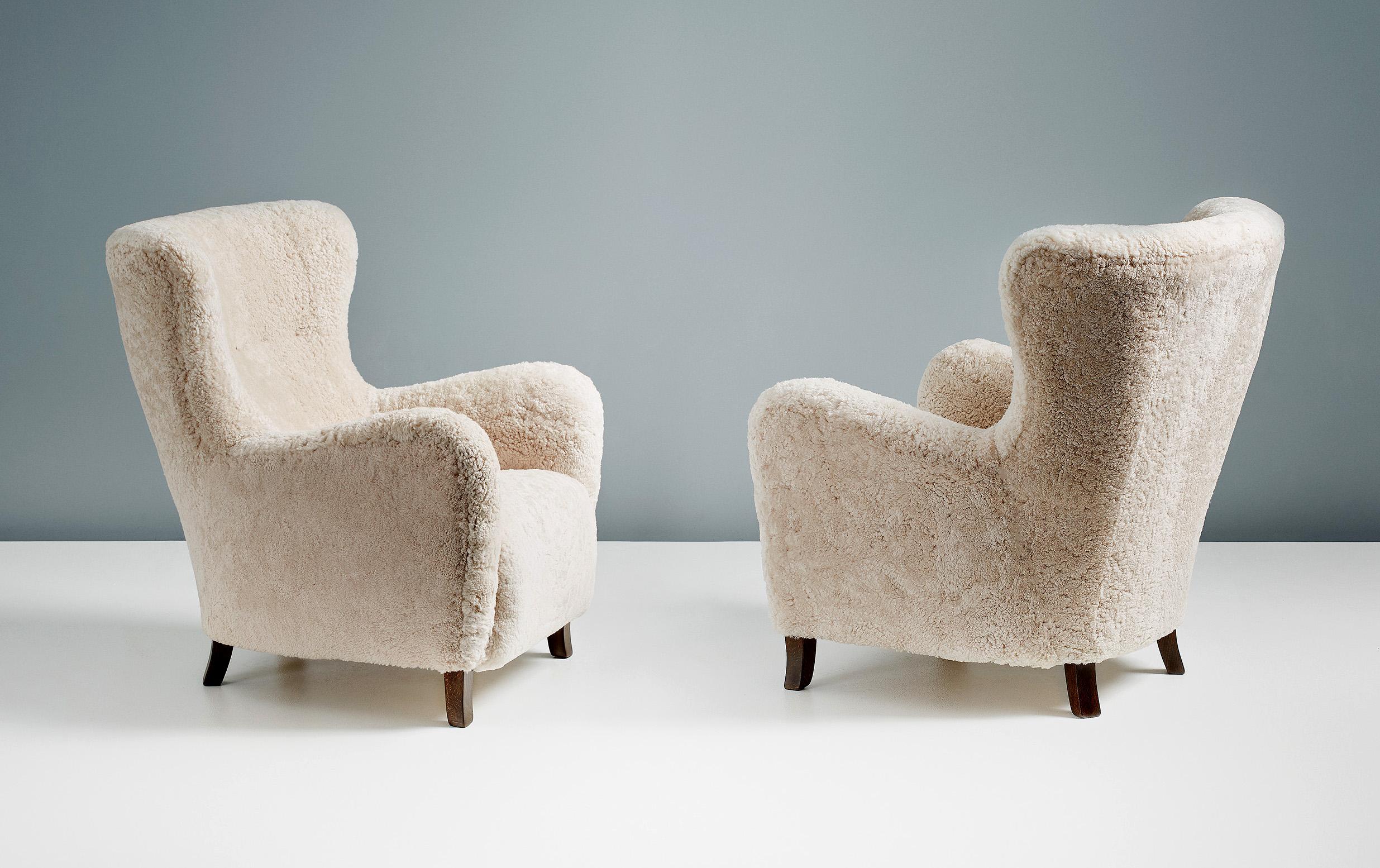 Scandinavian Modern Custom Made Sheepskin Wing Chairs For Sale