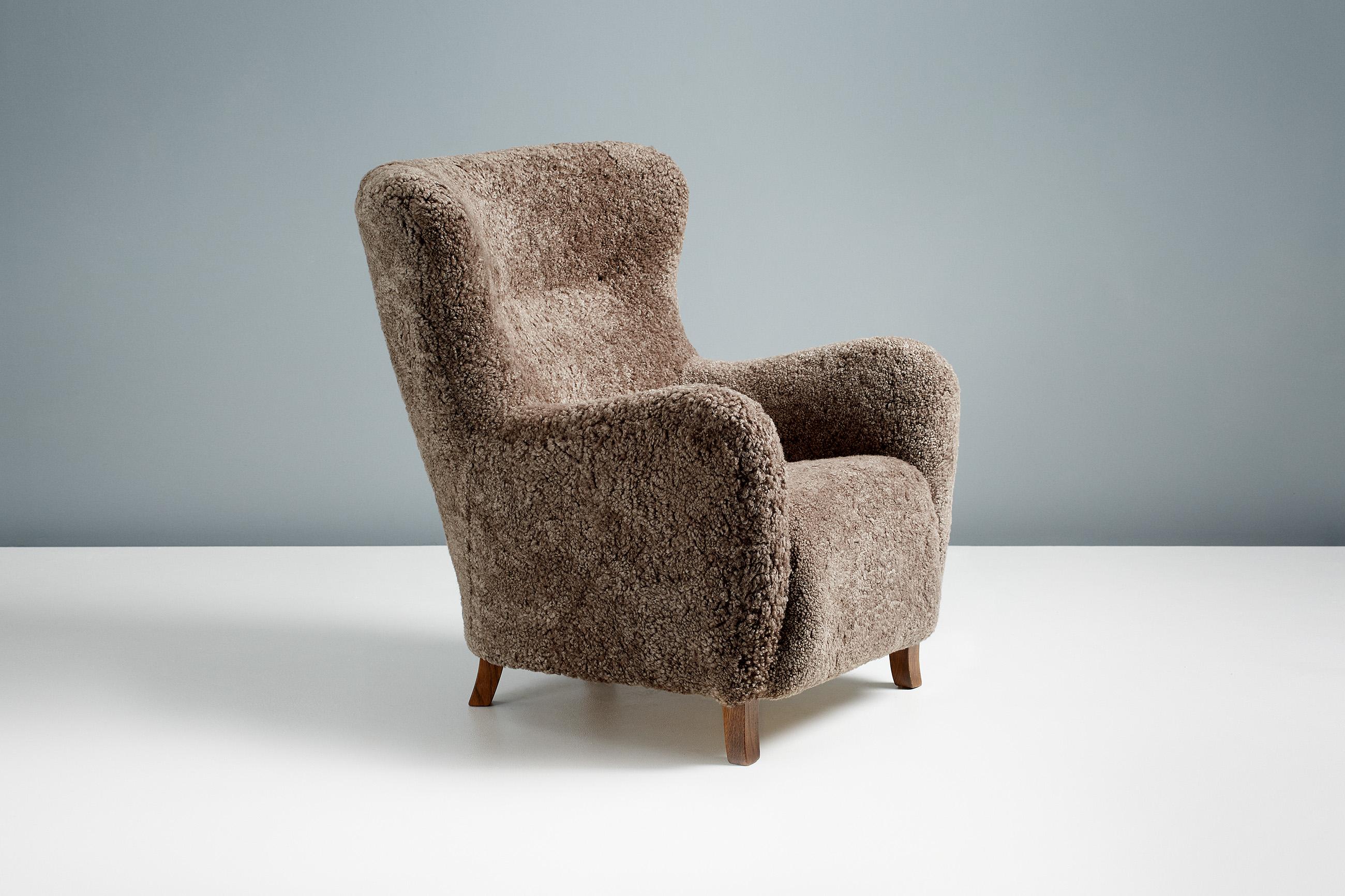 Custom Made Sheepskin Wing Chairs For Sale 4